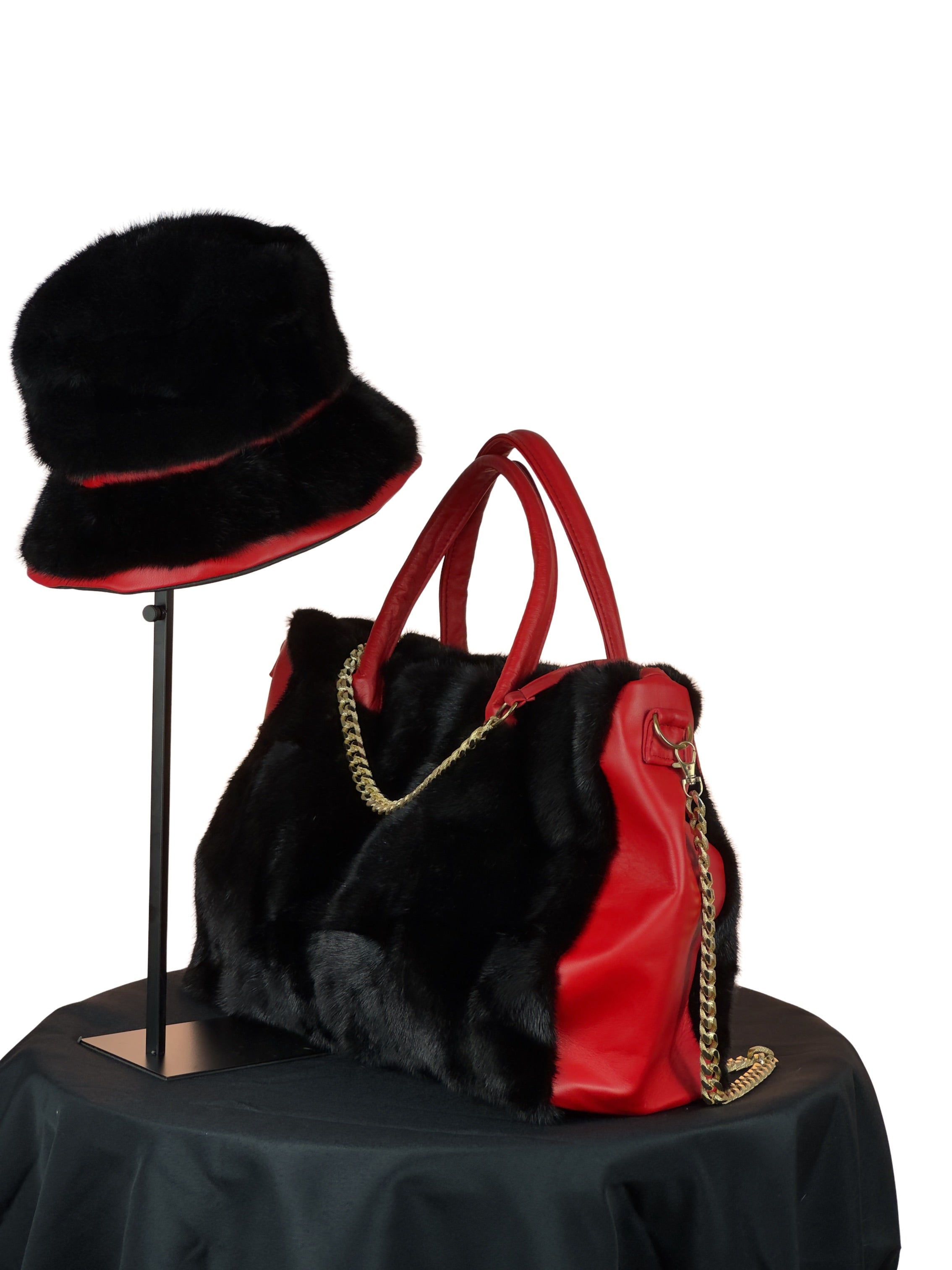 "Perfectly Paired" Large Bag With Matching Hat. Black and Red