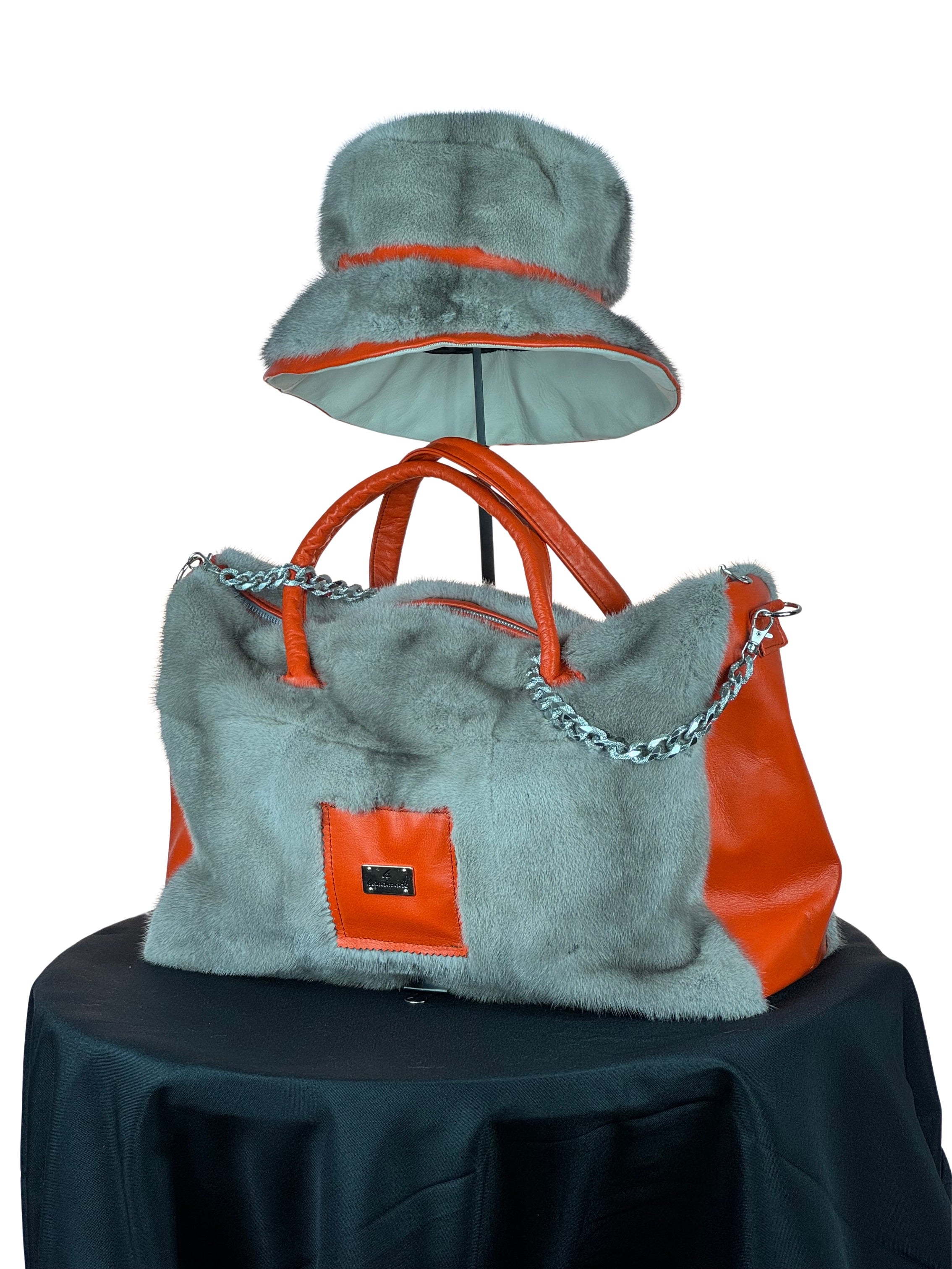 "Perfectly Paired" Large Bag With Matching Hat.Grey Mink & Orange Leather Inserts.