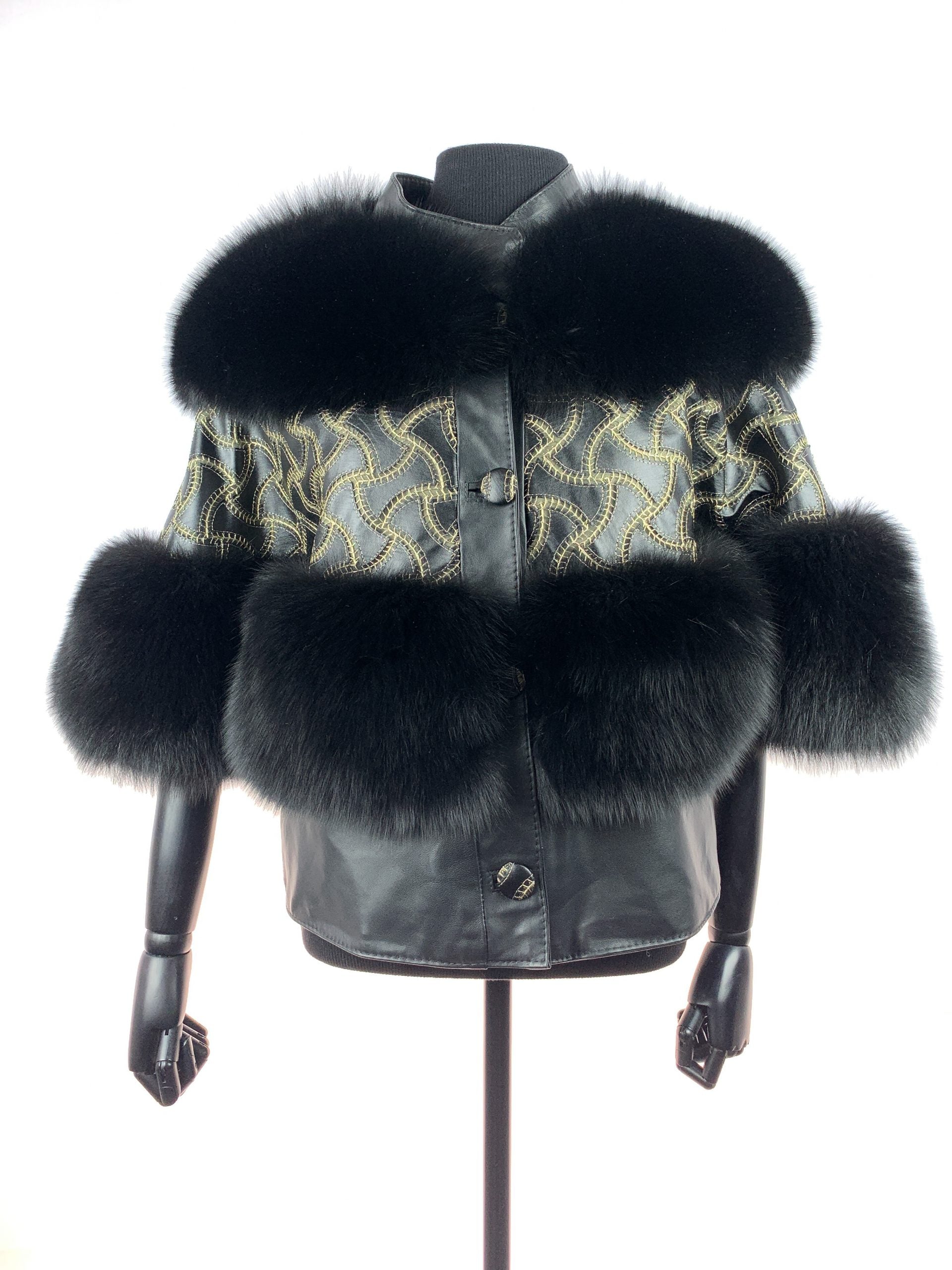 Black fox with gold embroided fabric with leather inserts - Donna