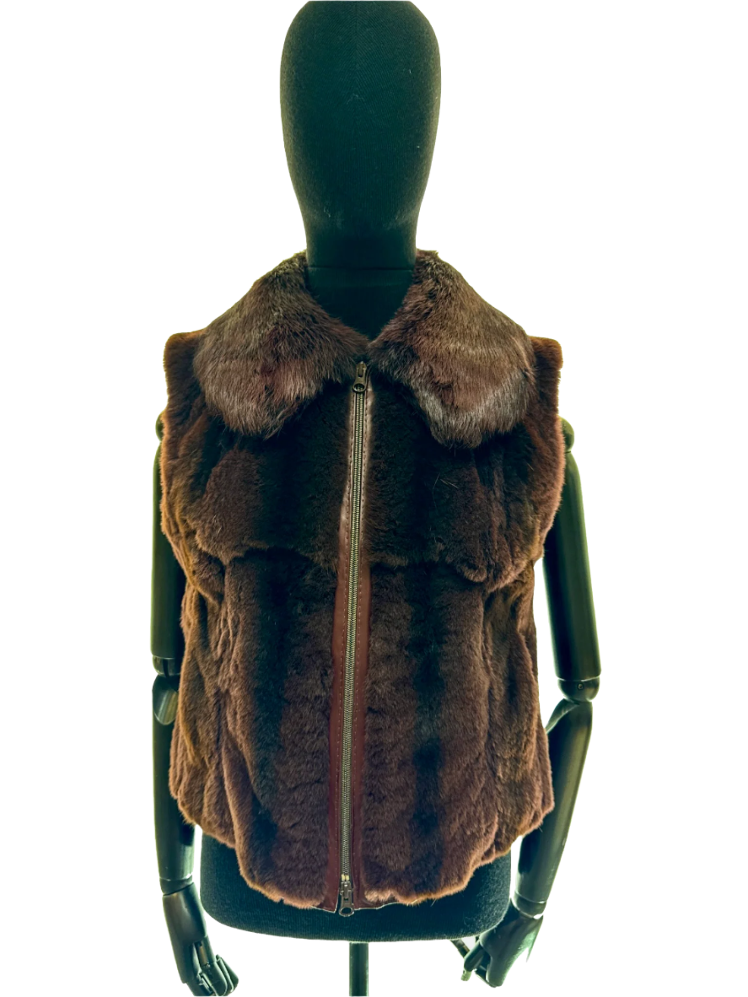 Auburn red sheared coney with leather back and long-haired coney collar; sheared fur on the front panels