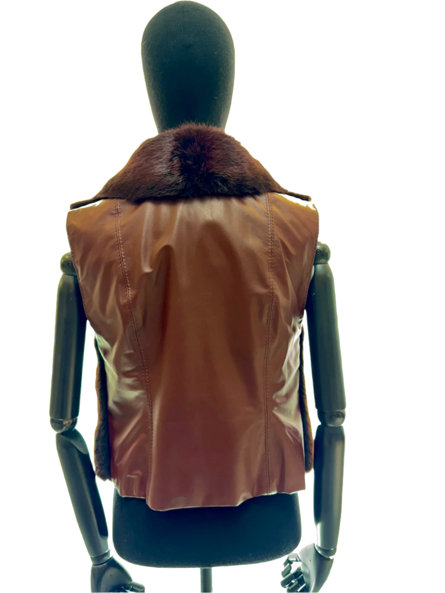Auburn red sheared coney with leather back and long-haired coney collar; sheared fur on the front panels