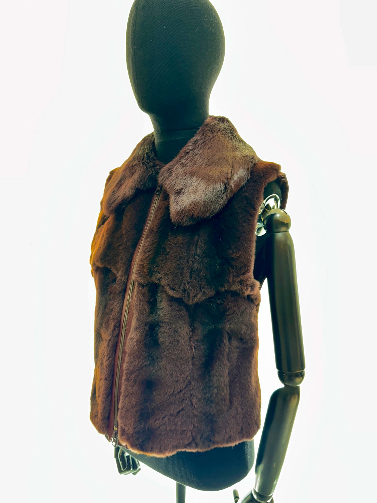 Auburn red sheared coney with leather back and long-haired coney collar; sheared fur on the front panels