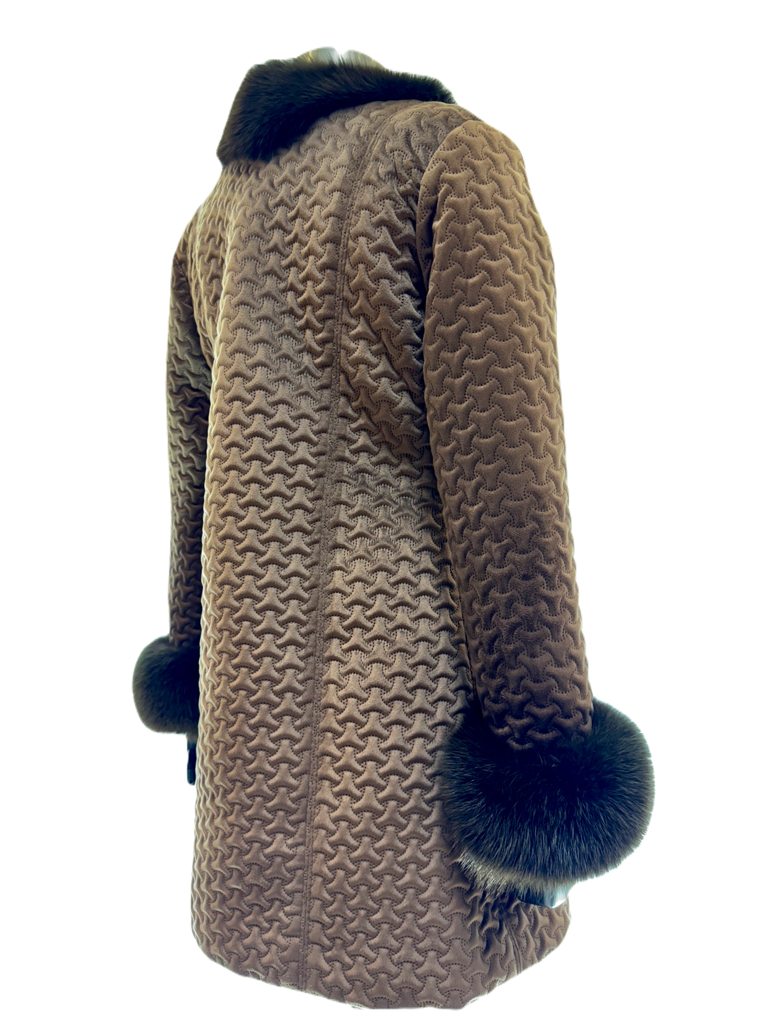 Nutshell Nexus Quilted fabric jacket with brown dyed fox trim and cuffs