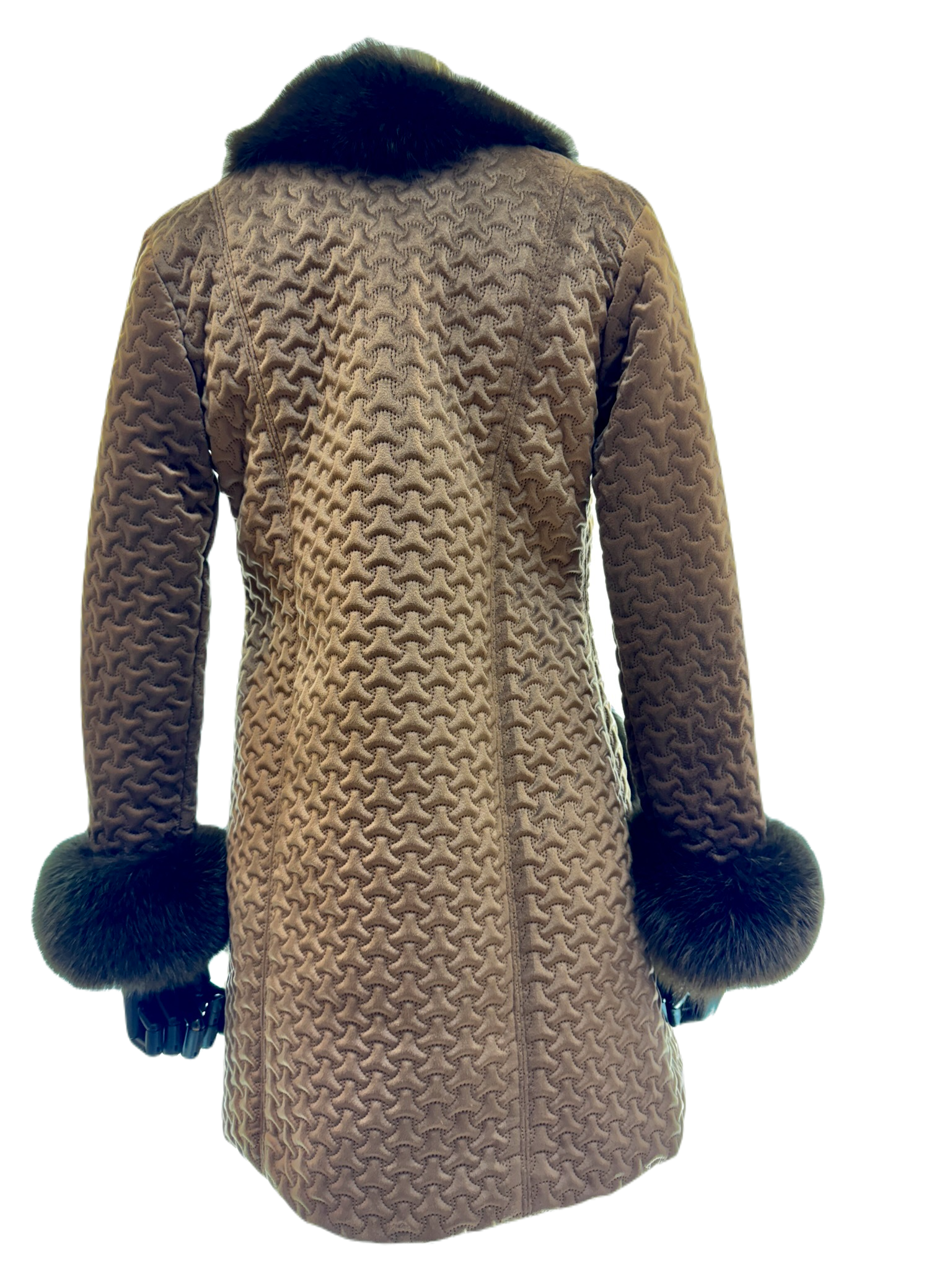 Nutshell Nexus Quilted fabric jacket with brown dyed fox trim and cuffs
