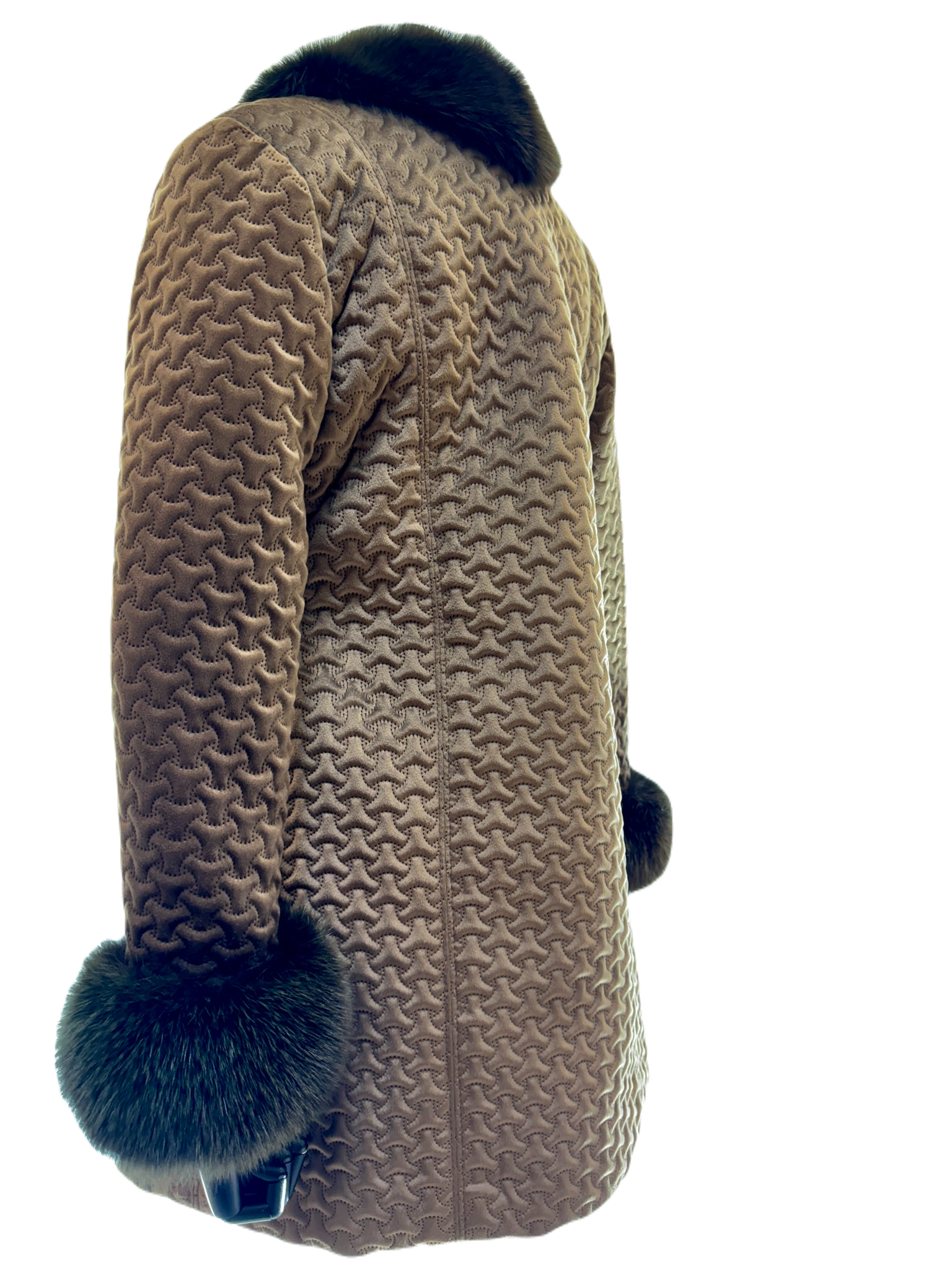 Nutshell Nexus Quilted fabric jacket with brown dyed fox trim and cuffs