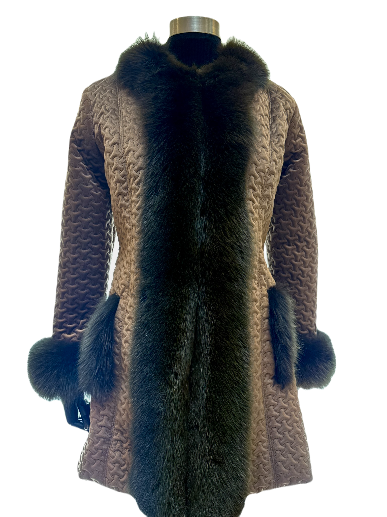 Nutshell Nexus Quilted fabric jacket with brown dyed fox trim and cuffs