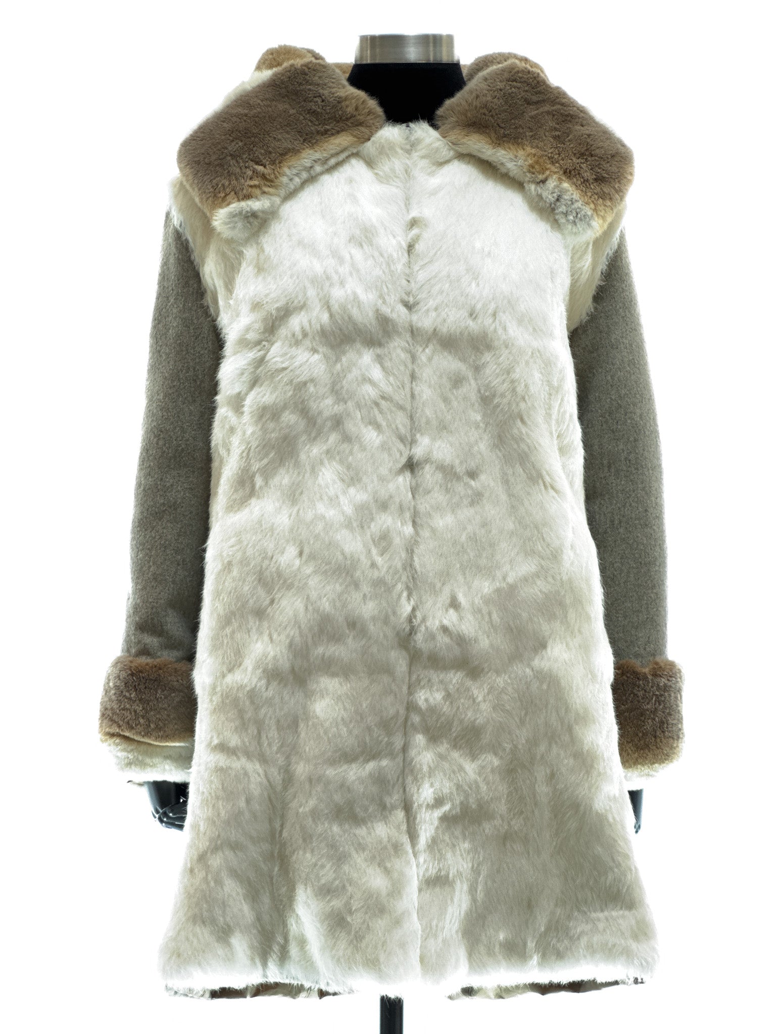 White long-haired coney coat with wool-cashmere inserts, waterproof reversible fabric, and beige-white rex fur collar and cuffs
