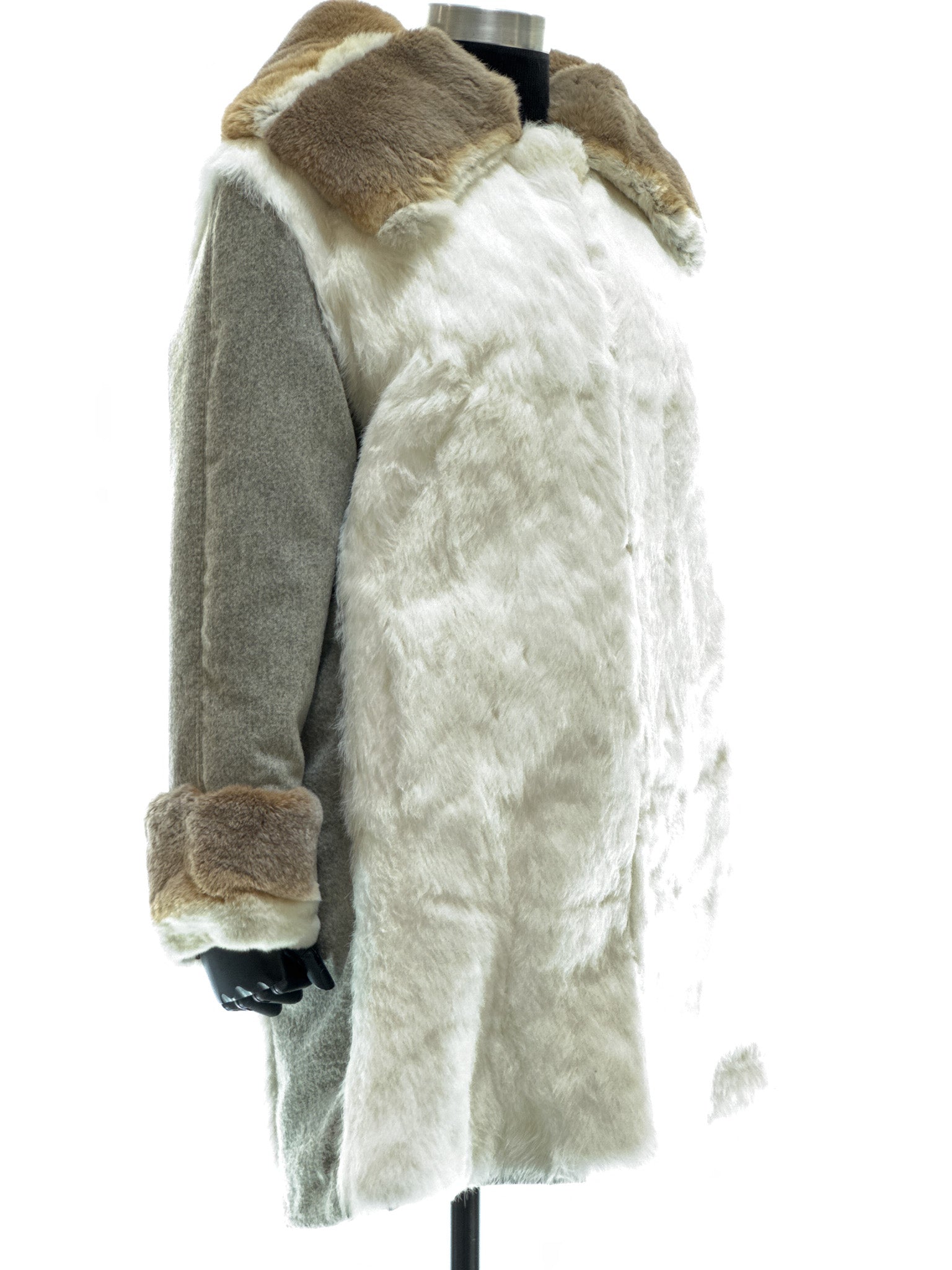 White long-haired coney coat with wool-cashmere inserts, waterproof reversible fabric, and beige-white rex fur collar and cuffs