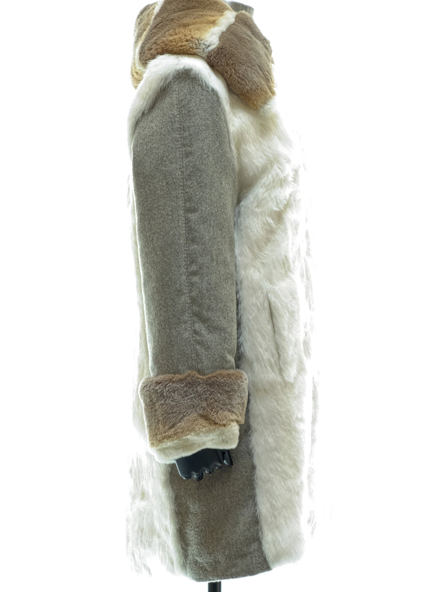White long-haired coney coat with wool-cashmere inserts, waterproof reversible fabric, and beige-white rex fur collar and cuffs