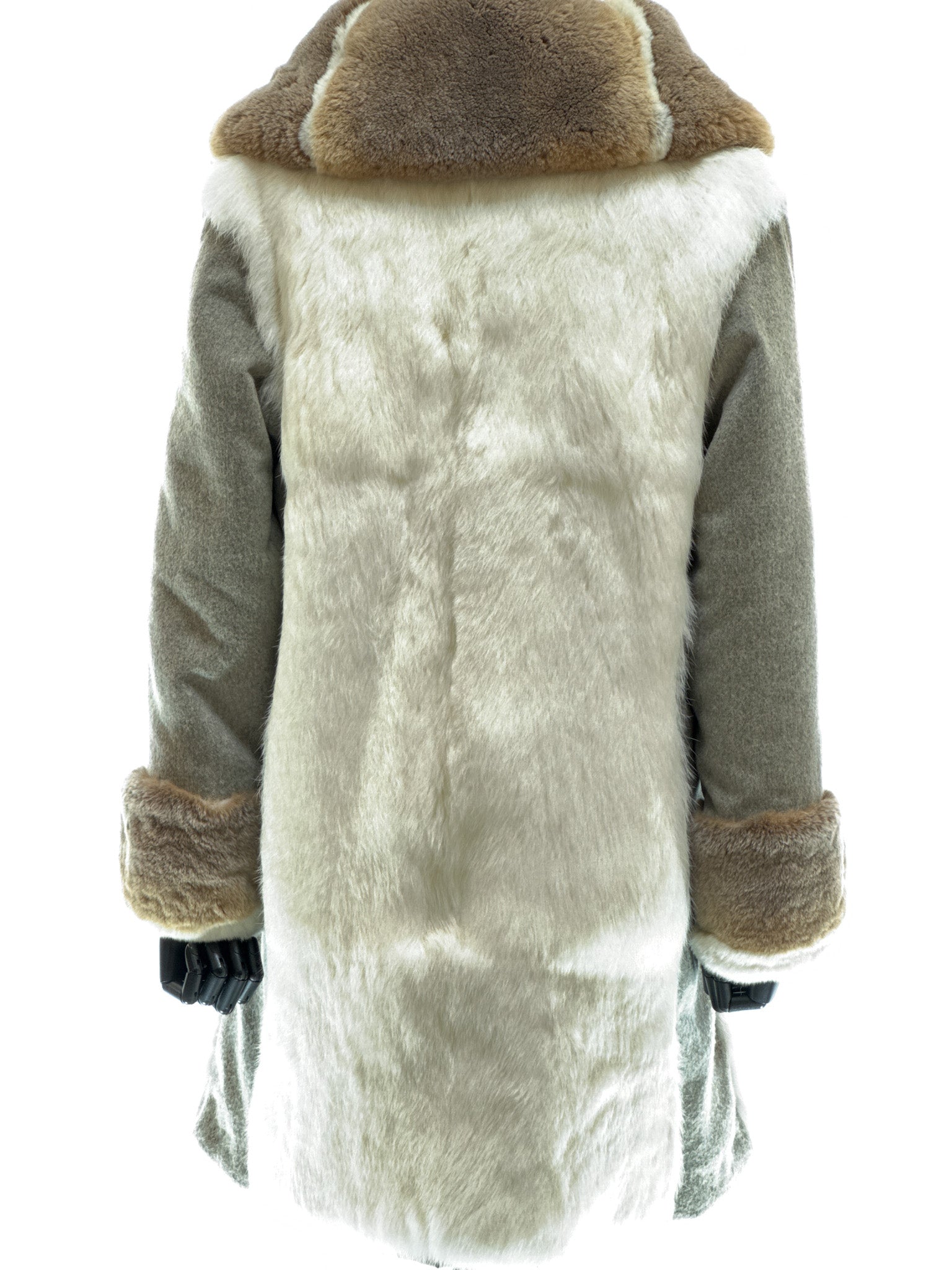 White long-haired coney coat with wool-cashmere inserts, waterproof reversible fabric, and beige-white rex fur collar and cuffs