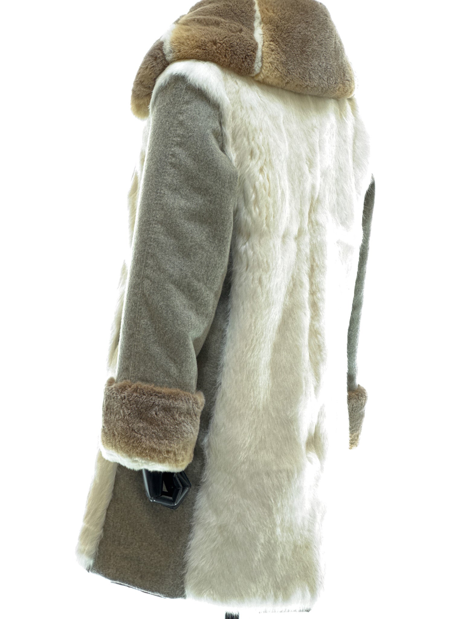 White long-haired coney coat with wool-cashmere inserts, waterproof reversible fabric, and beige-white rex fur collar and cuffs
