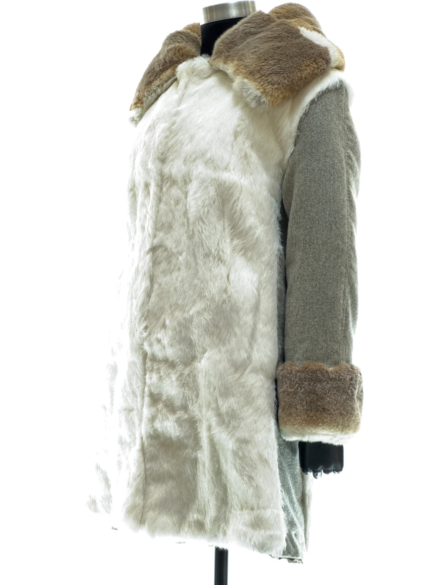 White long-haired coney coat with wool-cashmere inserts, waterproof reversible fabric, and beige-white rex fur collar and cuffs