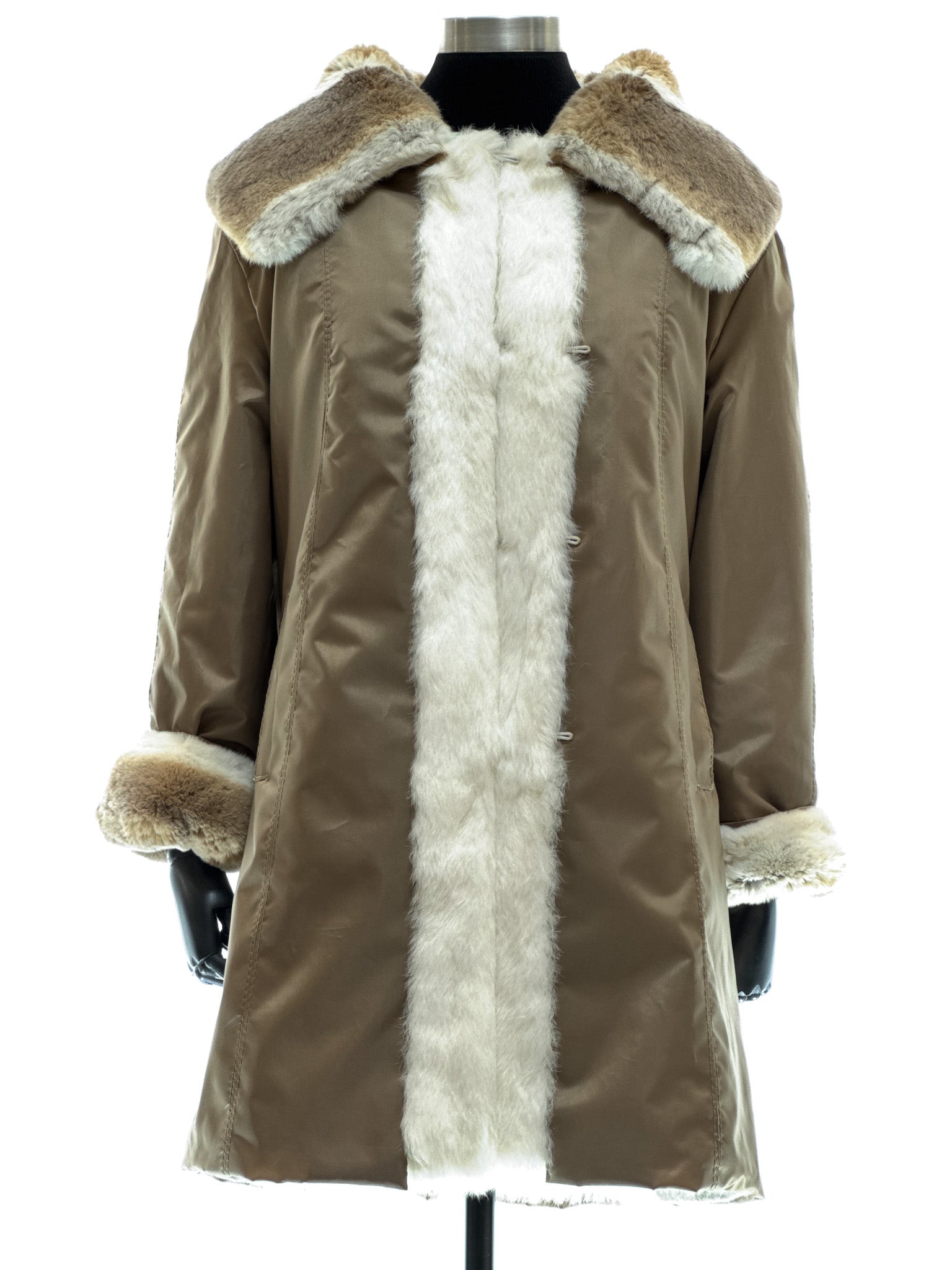 White long-haired coney coat with wool-cashmere inserts, waterproof reversible fabric, and beige-white rex fur collar and cuffs