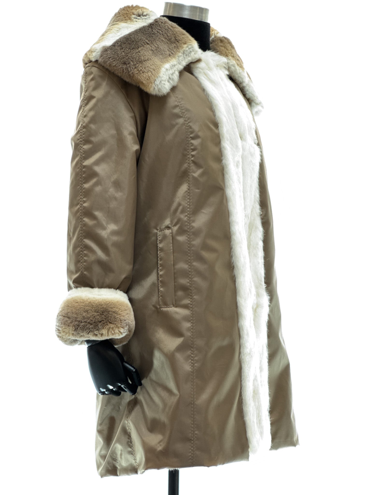 White long-haired coney coat with wool-cashmere inserts, waterproof reversible fabric, and beige-white rex fur collar and cuffs