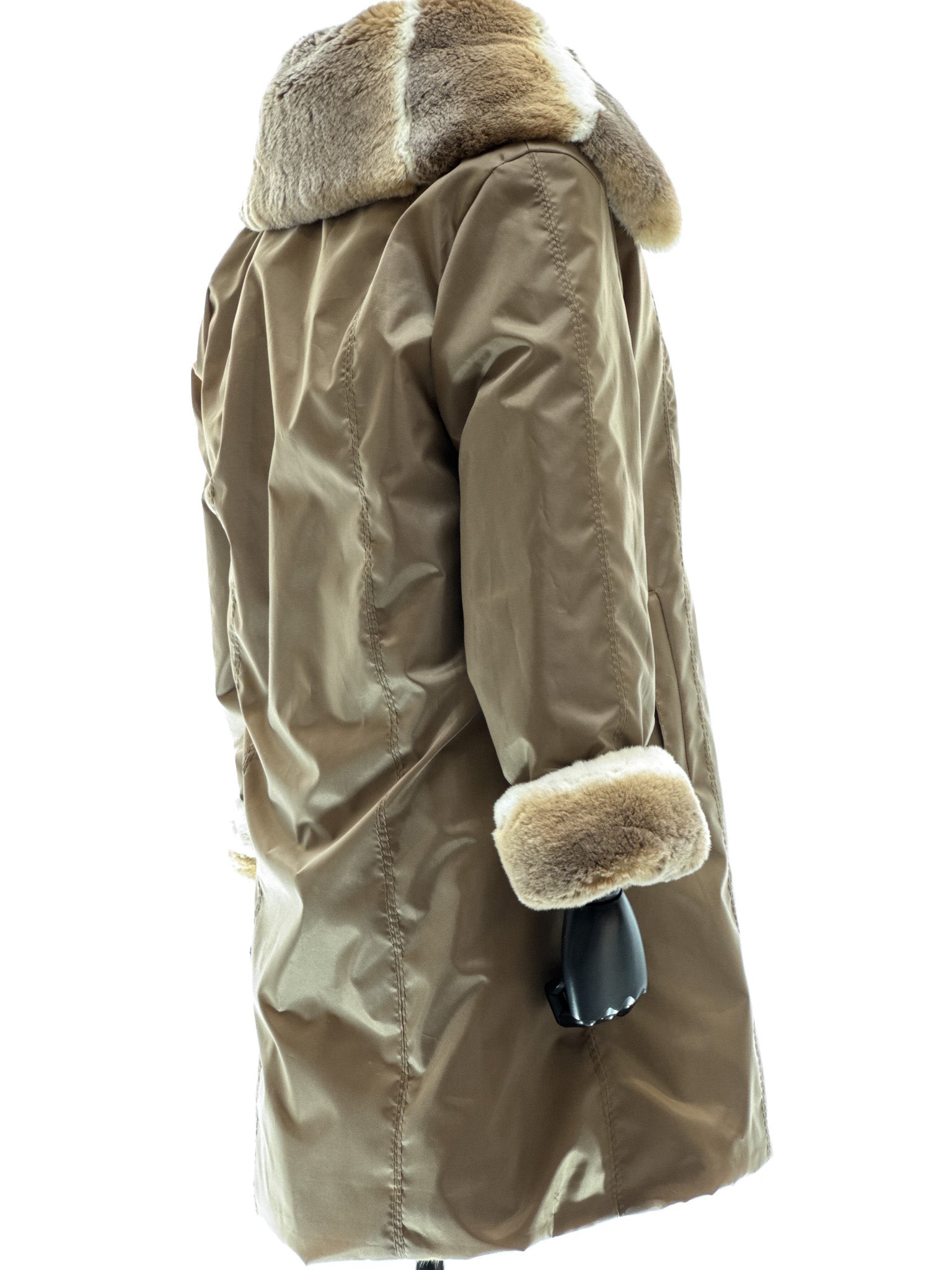 White long-haired coney coat with wool-cashmere inserts, waterproof reversible fabric, and beige-white rex fur collar and cuffs