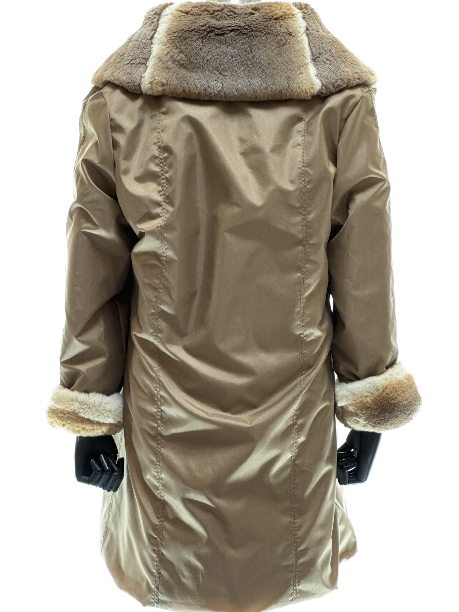 White long-haired coney coat with wool-cashmere inserts, waterproof reversible fabric, and beige-white rex fur collar and cuffs