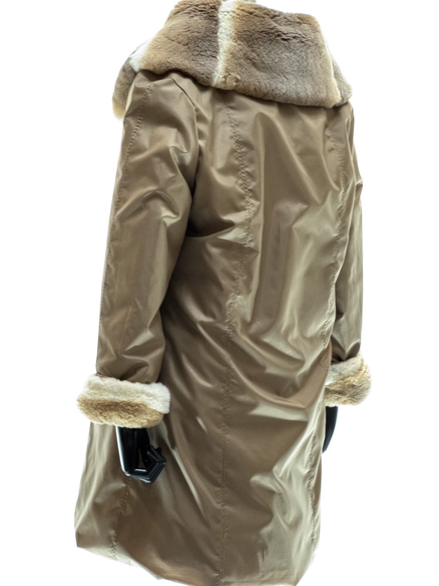 White long-haired coney coat with wool-cashmere inserts, waterproof reversible fabric, and beige-white rex fur collar and cuffs