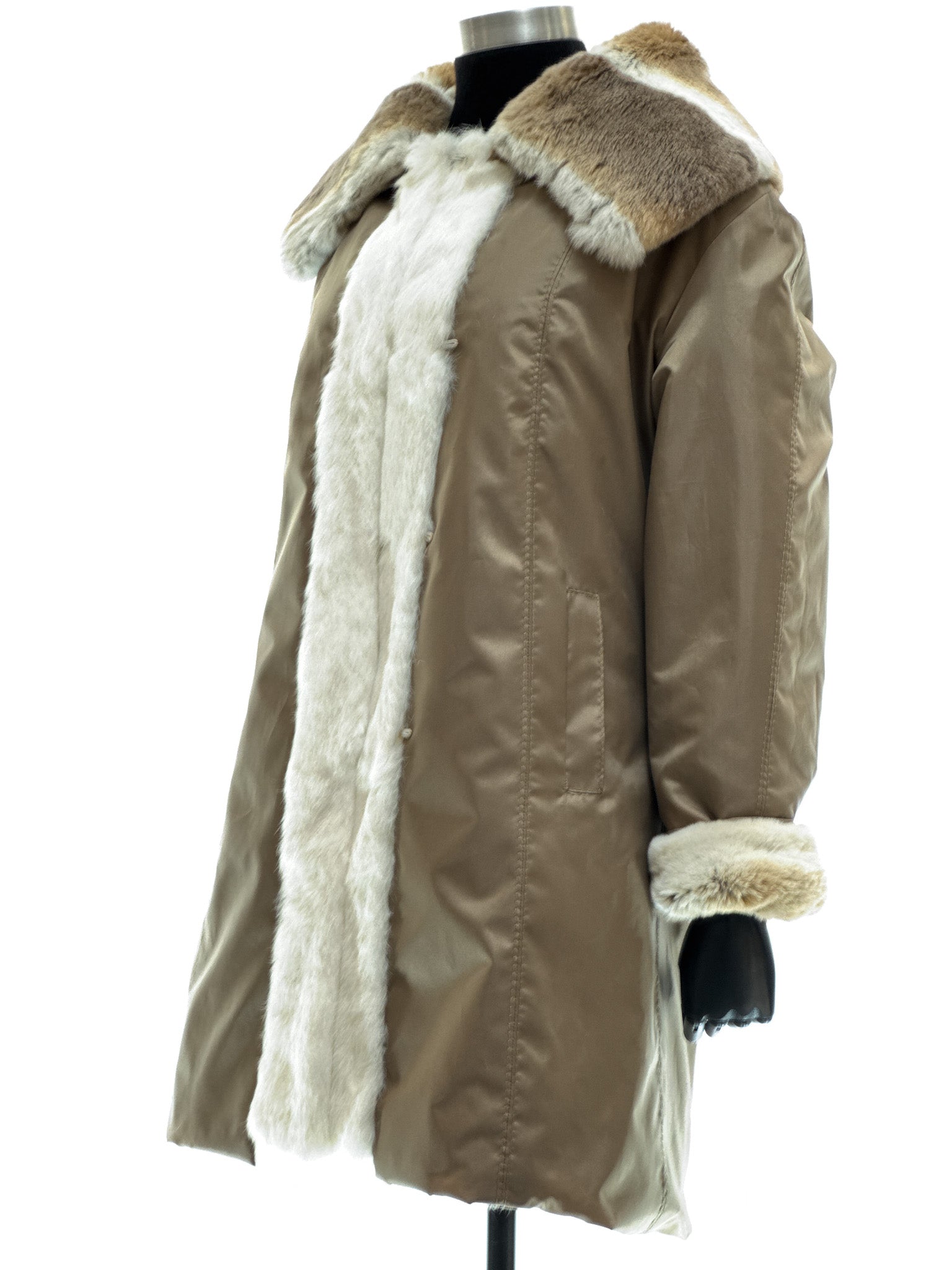 White long-haired coney coat with wool-cashmere inserts, waterproof reversible fabric, and beige-white rex fur collar and cuffs