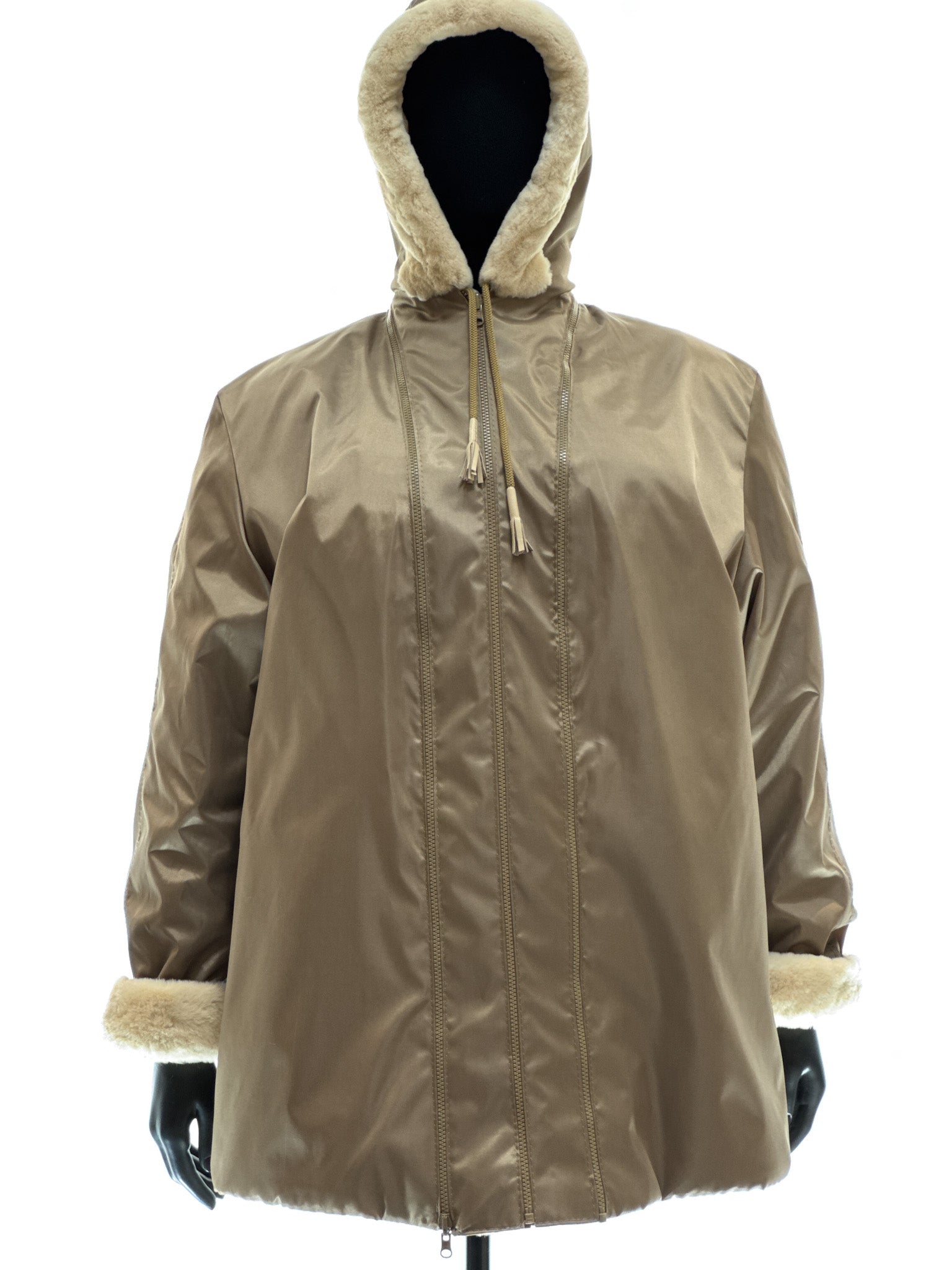 Sand-colored lamb coat with sheared mink trim, reversible design, detachable hood, and waterproof stone-colored fabric