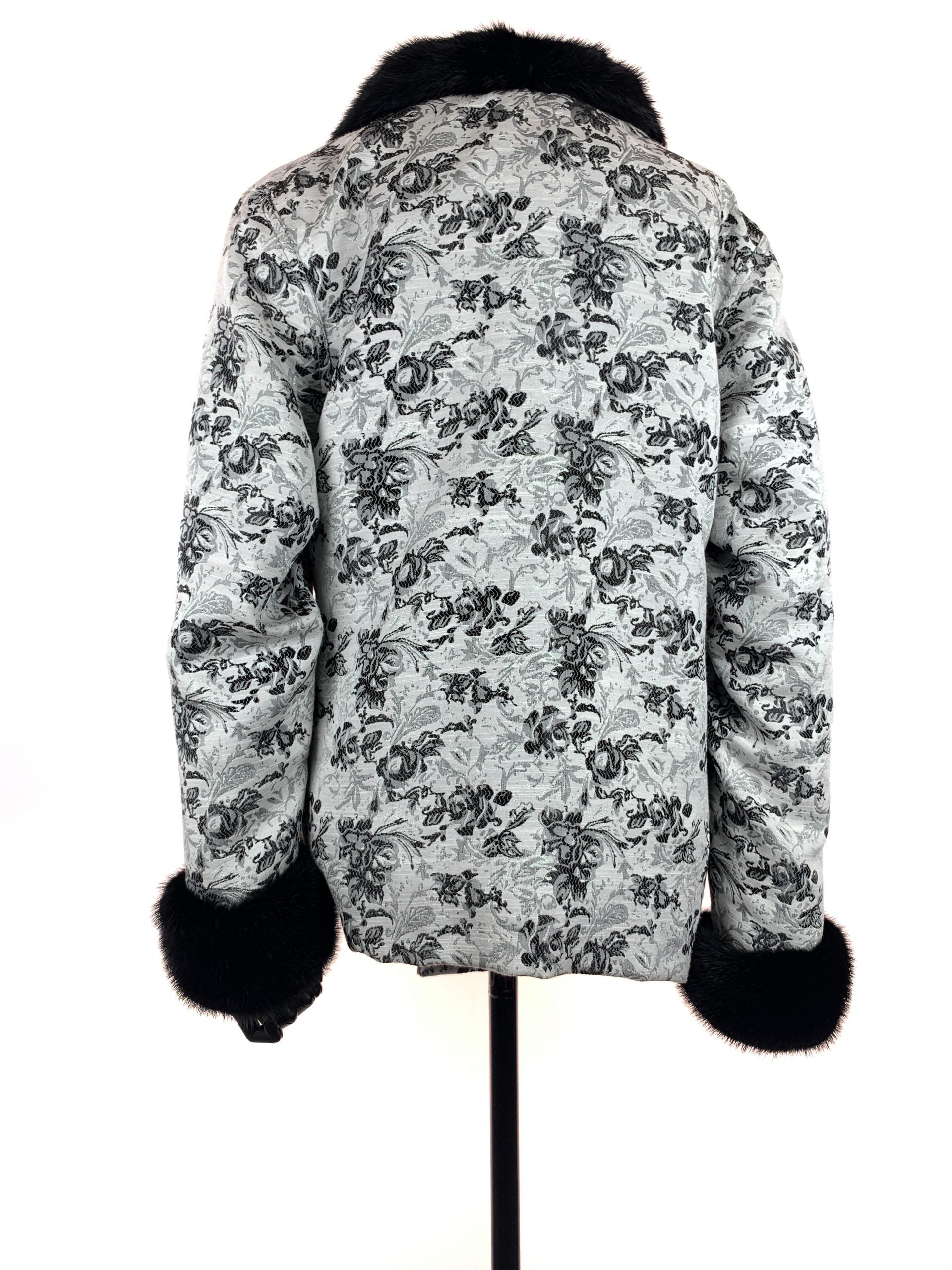 Black iris on Nordic white cloth with black mink collar and cuffs - Iris