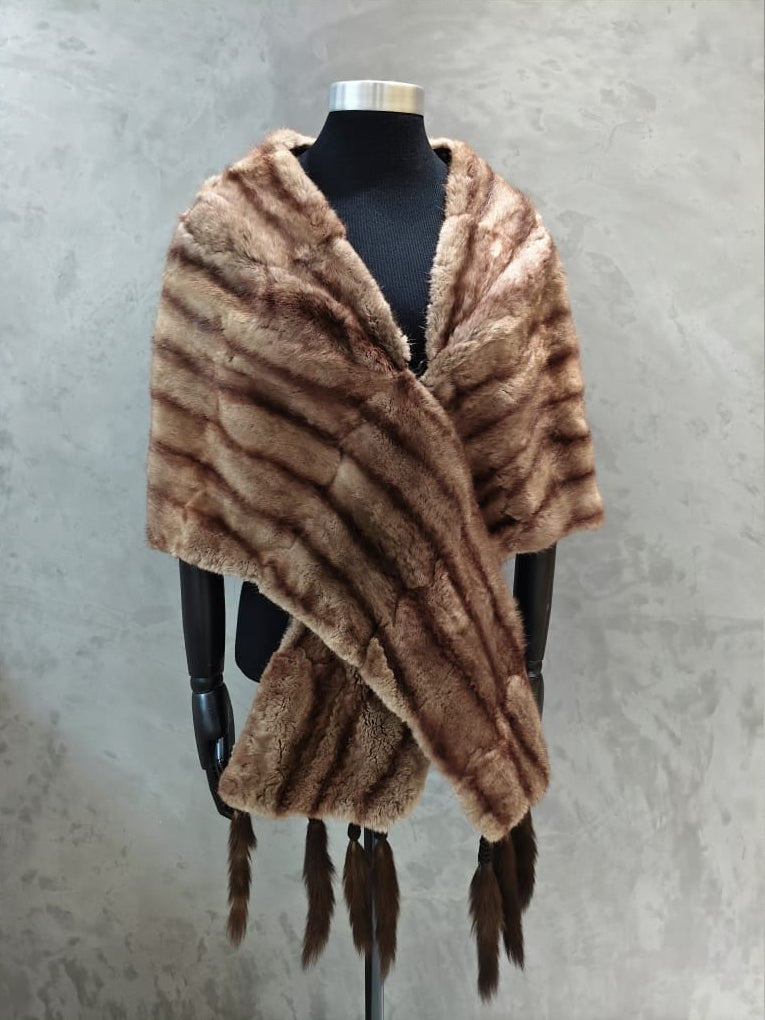 # 14305 Brown Striped Taupe Musquash Stole With Tail Ends.