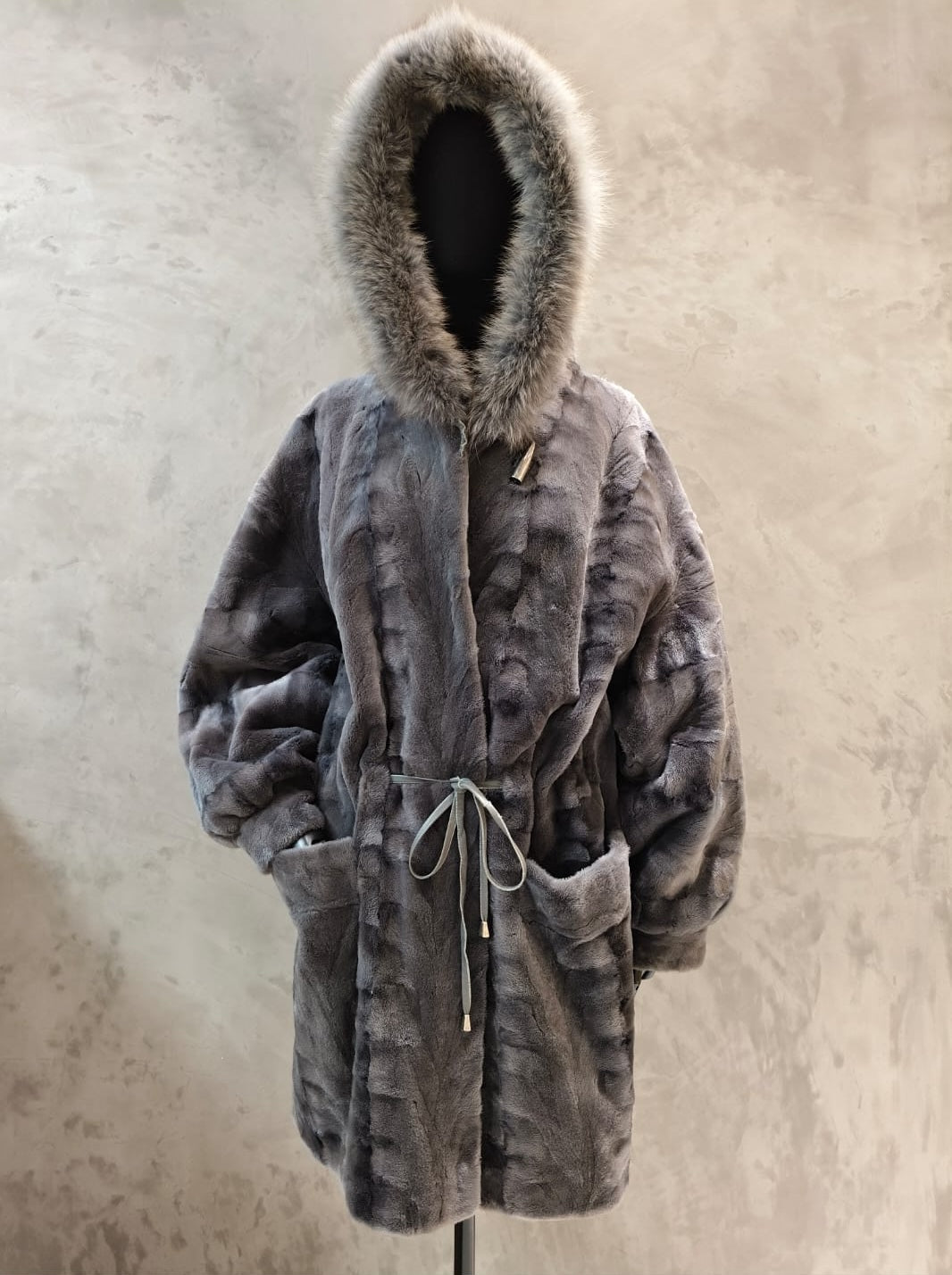 #14705.1 Gun Metal Grey Sheared Mink Portion hooded Car Coat, with Grey Dyed Fox Hood Trim