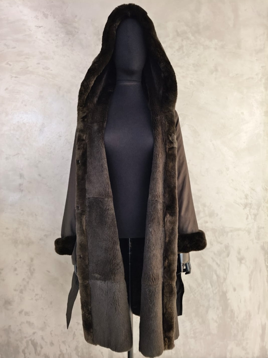 #14705.1 Brown Fabric Hooded Coat, with Sheared Coney Inside Hood & Bodice, And Brown Rex Around Hood, cuffs & Down Fronts