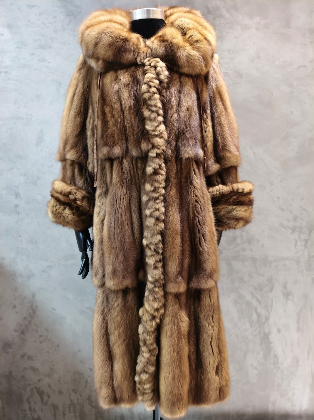 CPT 18279.1 Mid Brown Russian Sable Coat with Wide Collar & Gathered Front Edge