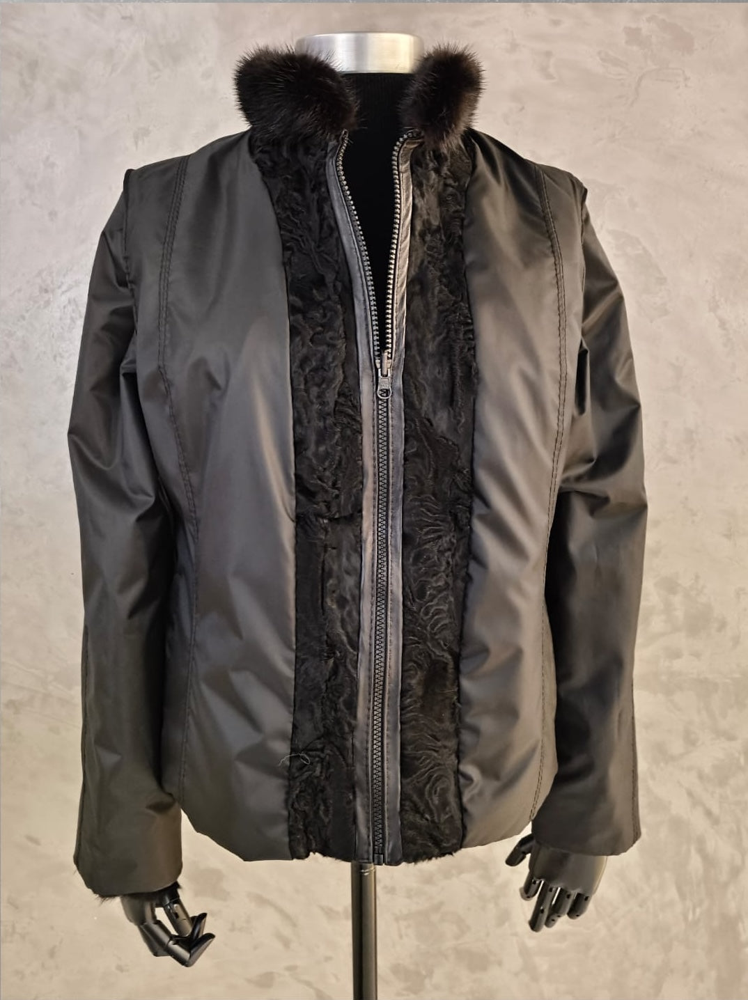 #CPT 18252 Black Swakara Reversible Jacket With Detachable Leather Sleeves & Black Dyed Mink Collar &Cuffs