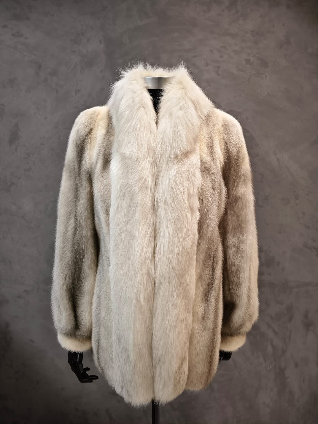 #14399.1 Pale Cross - Mink Jacket With Shadow Fox Trim Around Neck & Down Fronts