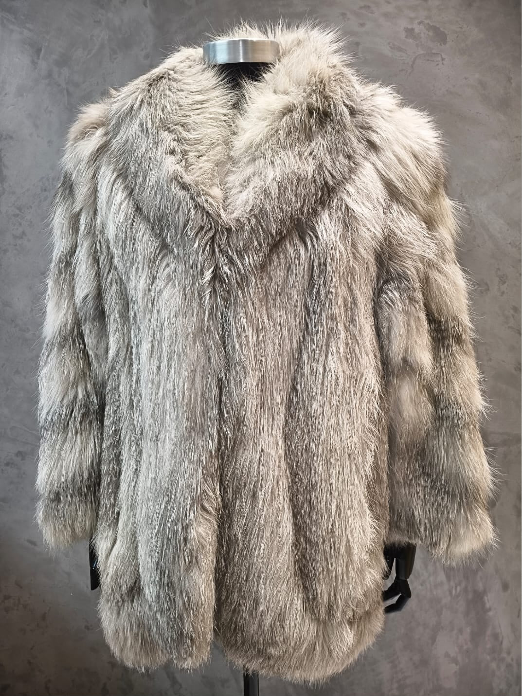 # 14253.1 Feather Worked Frost Fox Car Coat With Diagonal Worked Sleeves