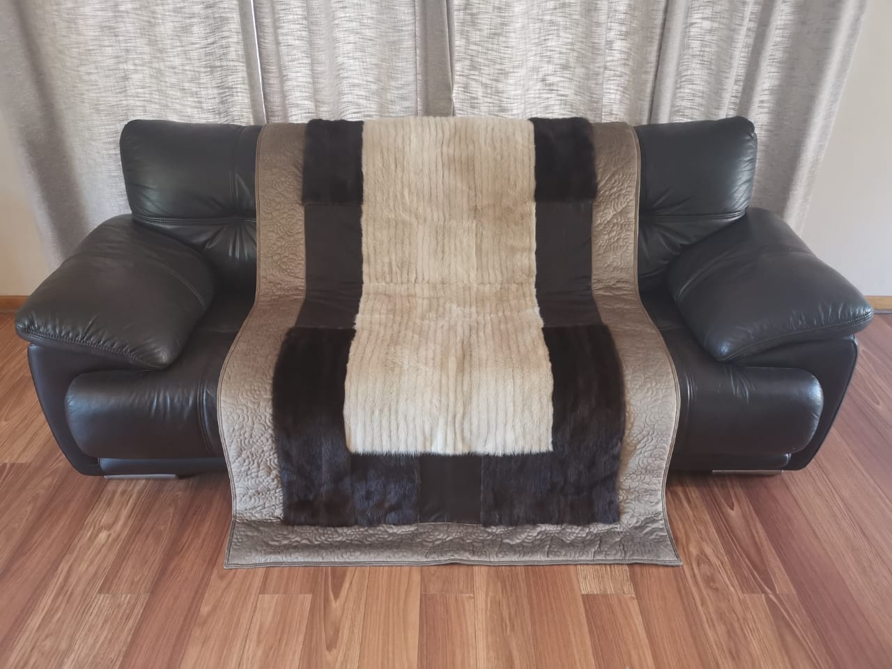 Throw made from water Resistant quilted border with Brown & Beige Mink & leather combination 230 x 120 cm