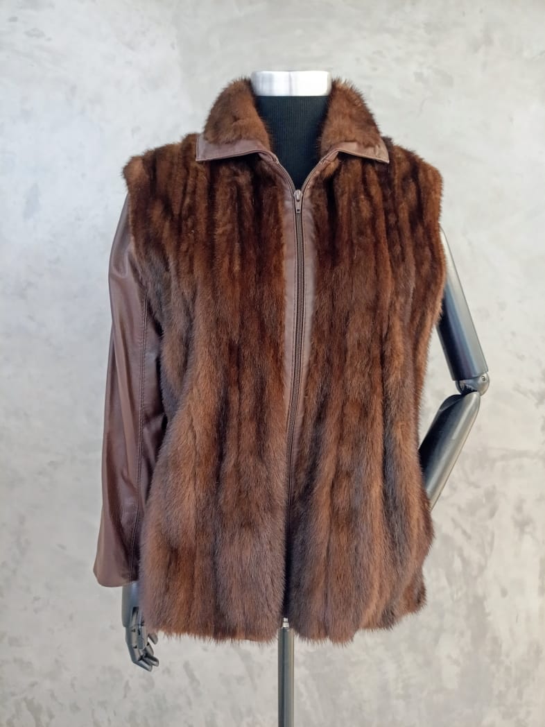 #13837 Ranch Mink Jacket With Brown Leather Inserts & Detachable Leather Sleeve
