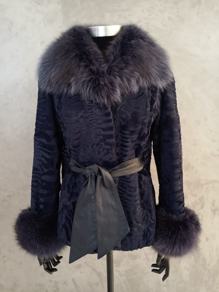#13890 Dark Purple Swakara with Purplish Grey Fox Collar & Detachable Cuffs.