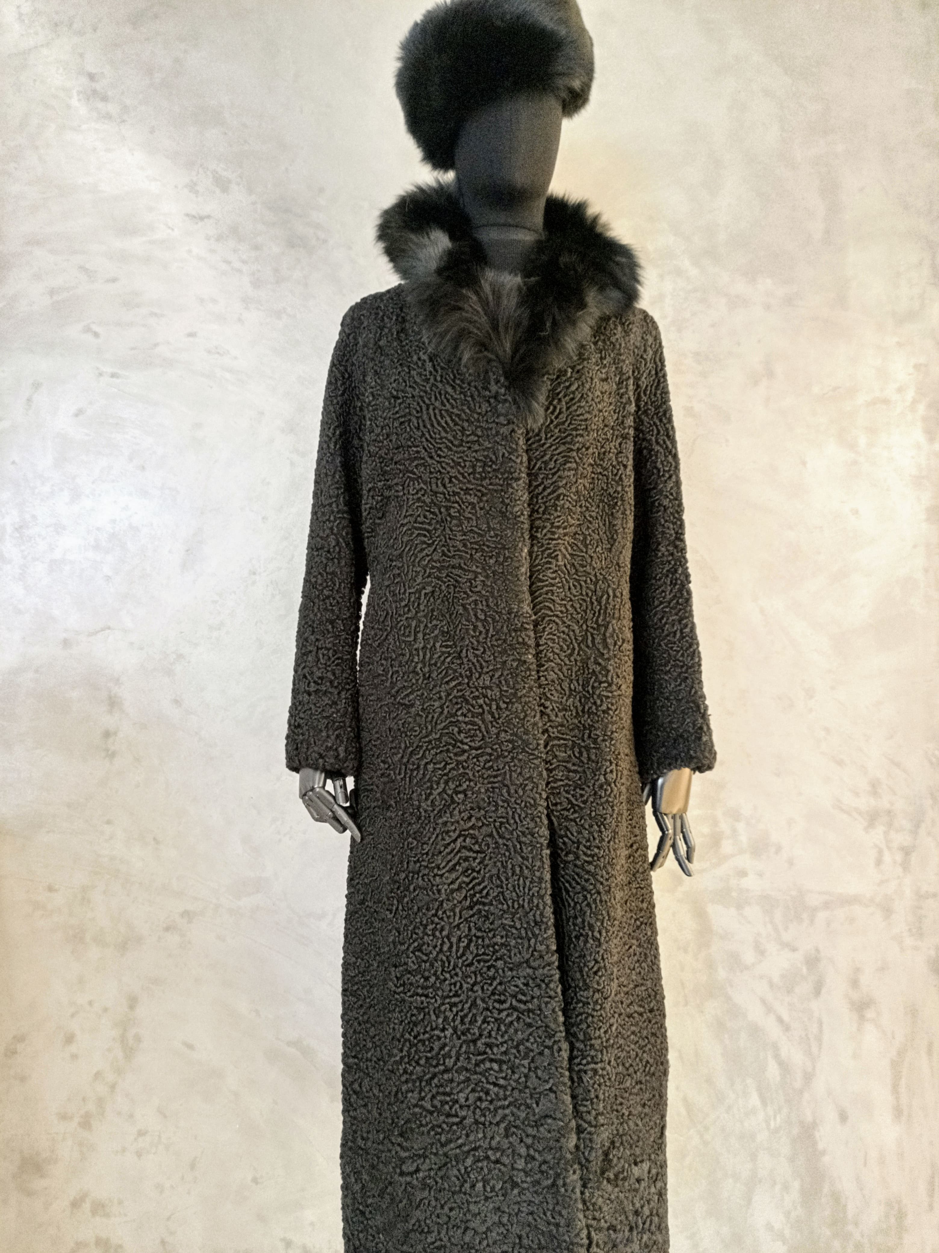 #14139.1 Black Karakul Coat With Black Fox Roll Collar & Pillbox Hat