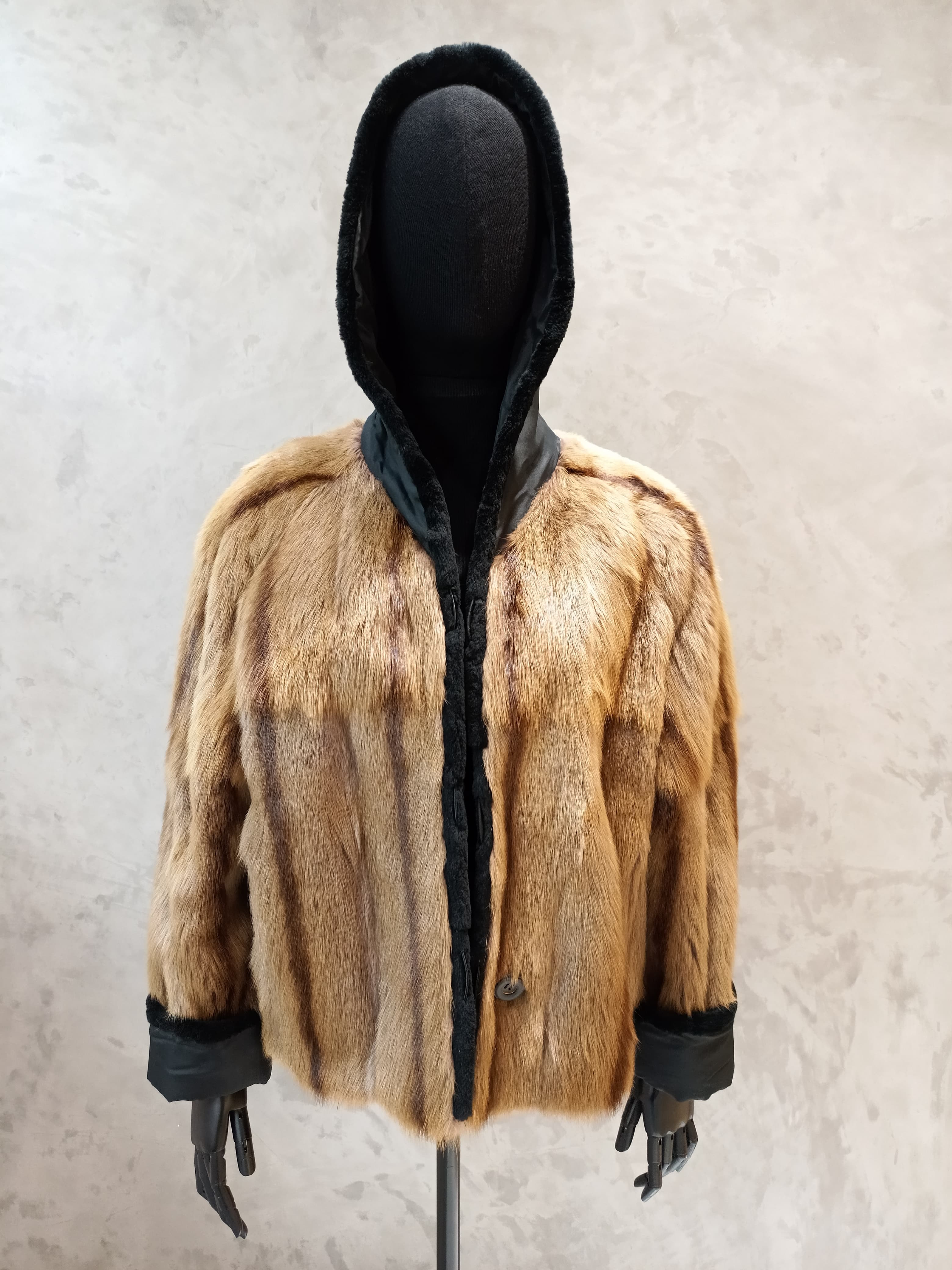 #14139.1 Dark Striped Taupe Kolinsky-Black Fabric Reversible Jacket