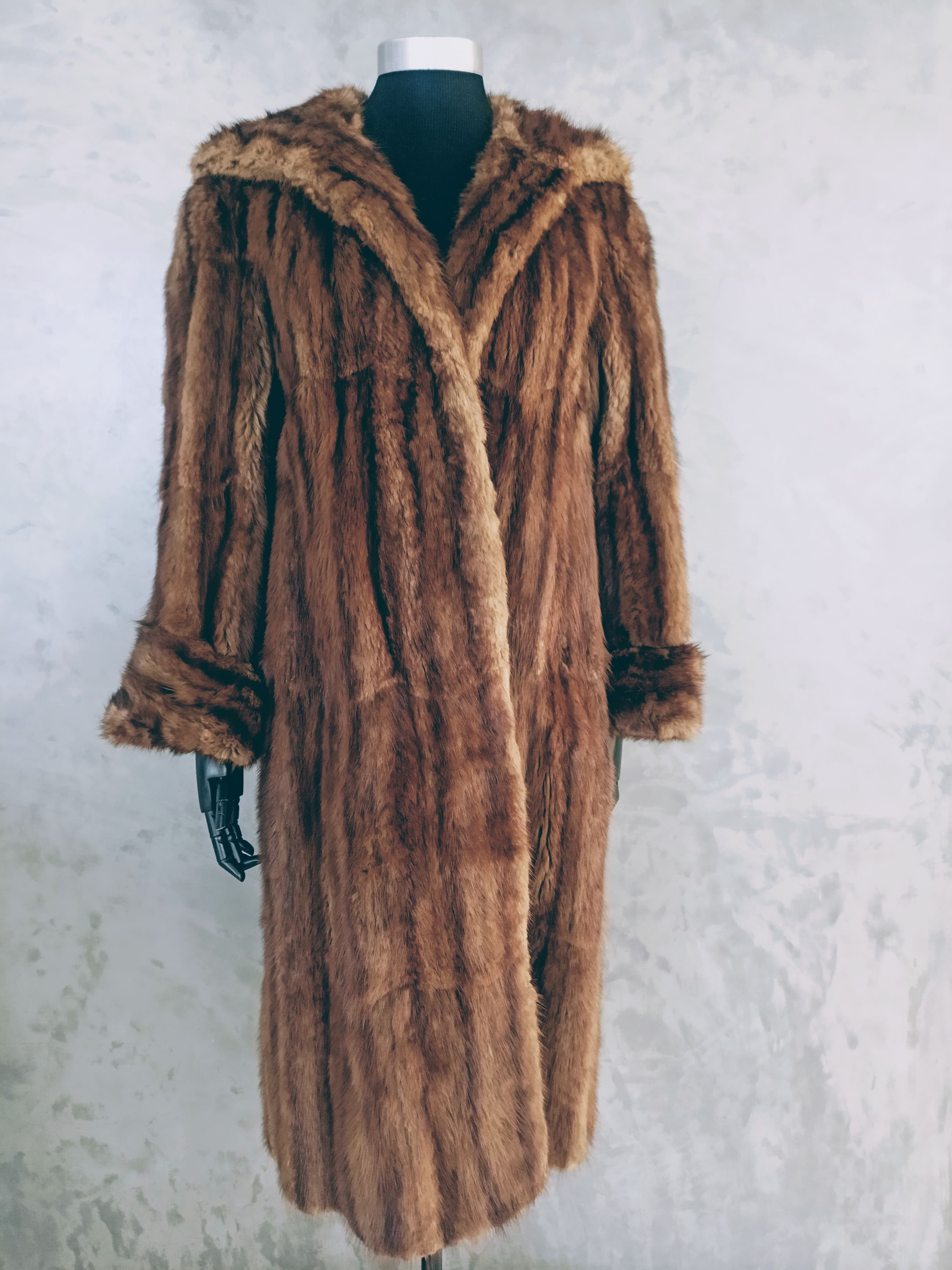 #14192 Dark Stripe Musquash Coat With Wide Square Collar & Cuffs