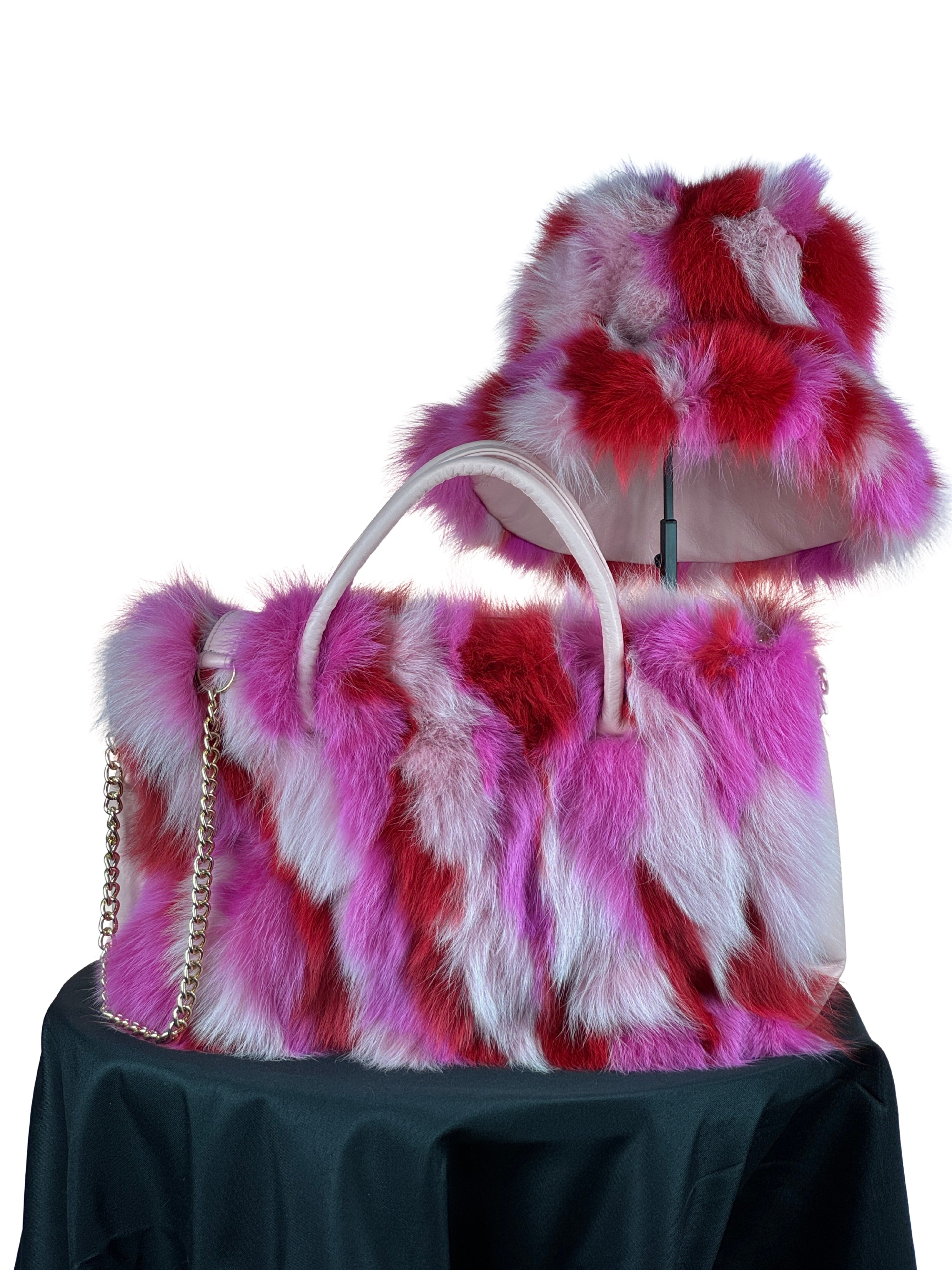 "Perfectly Paired" Vibrant Multi Pink Fox Portion Large Bag With Matching Hat.