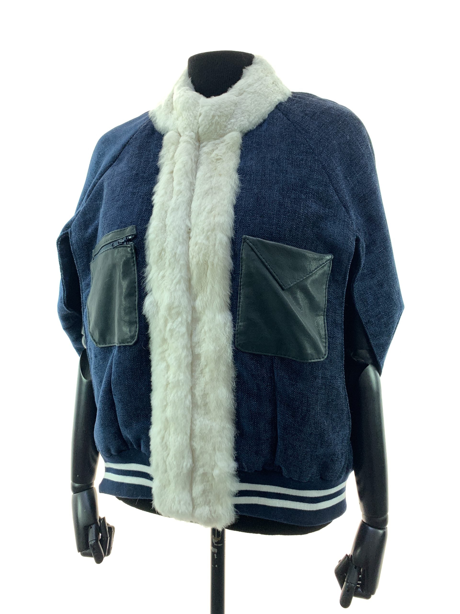 Navy blue Starlight fabric With Sheared White Coney Trim