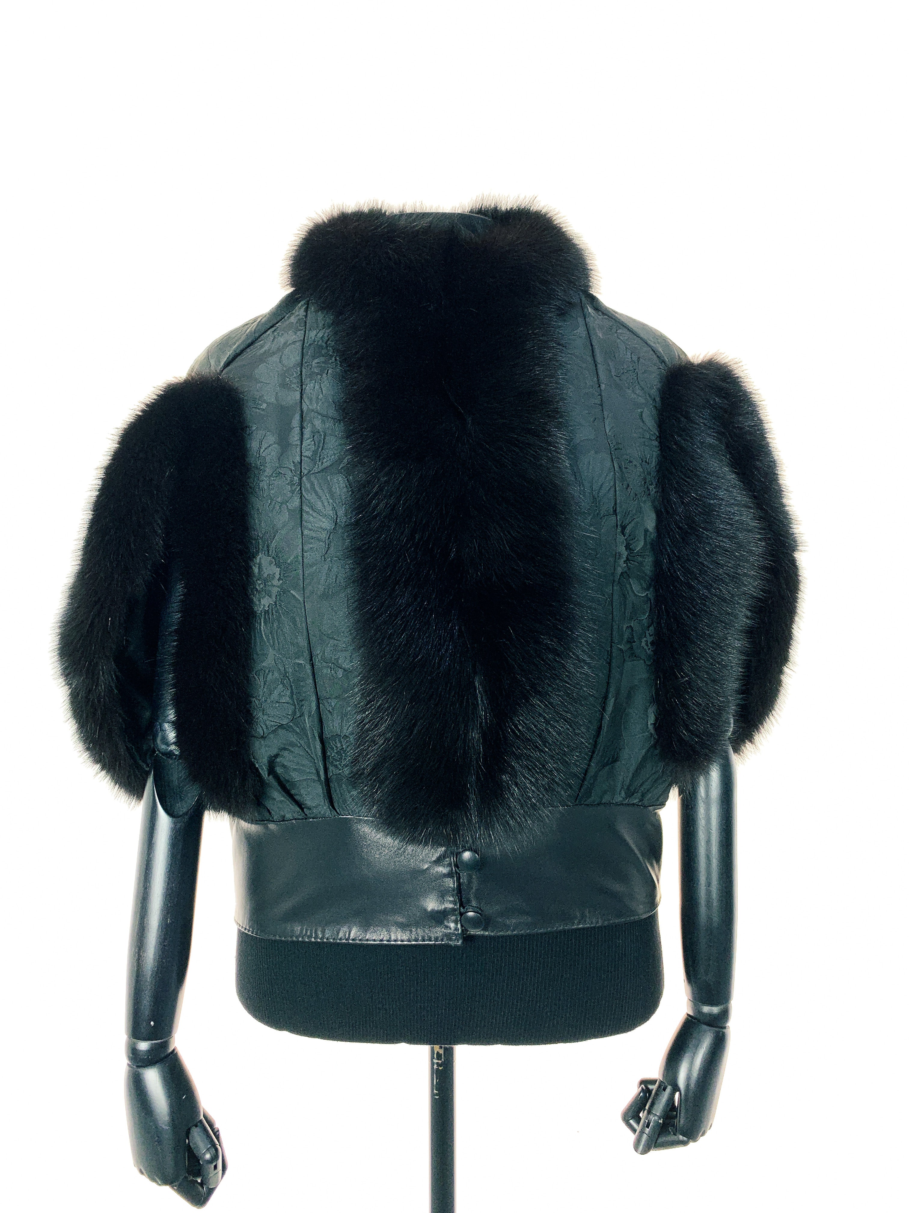 Black Floral trimmed with black dyed fox with double leather hem band