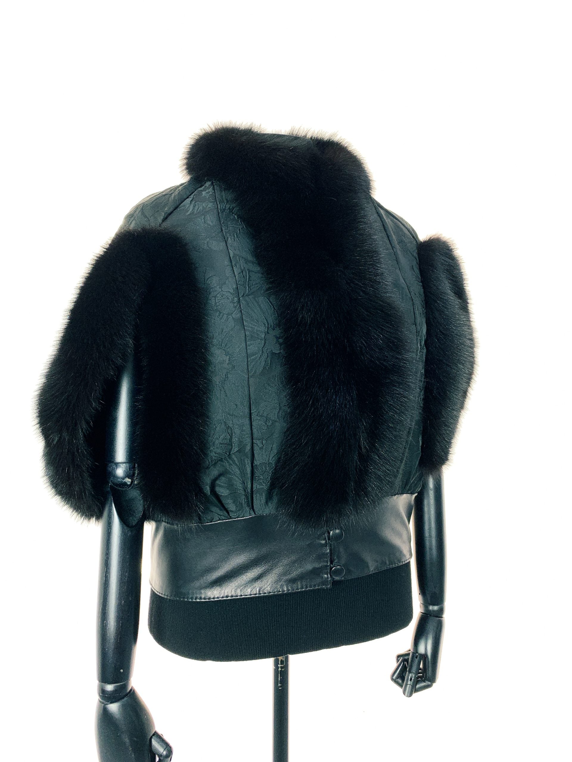 Black Floral trimmed with black dyed fox with double leather hem band