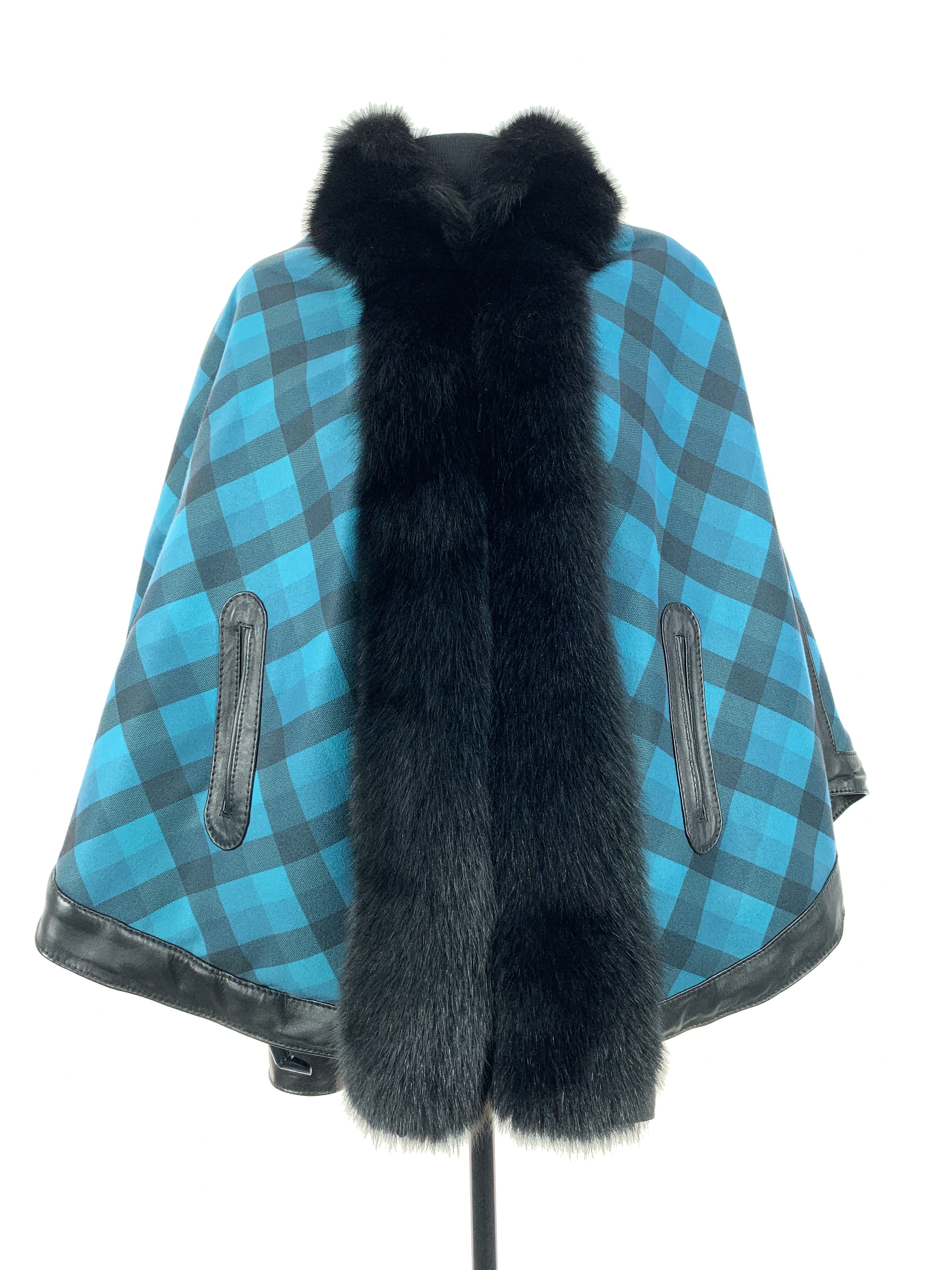 Petrol Blue Tartan Reversible Full Poncho With Black Dyed Fox Trim And Leather Trim Detail