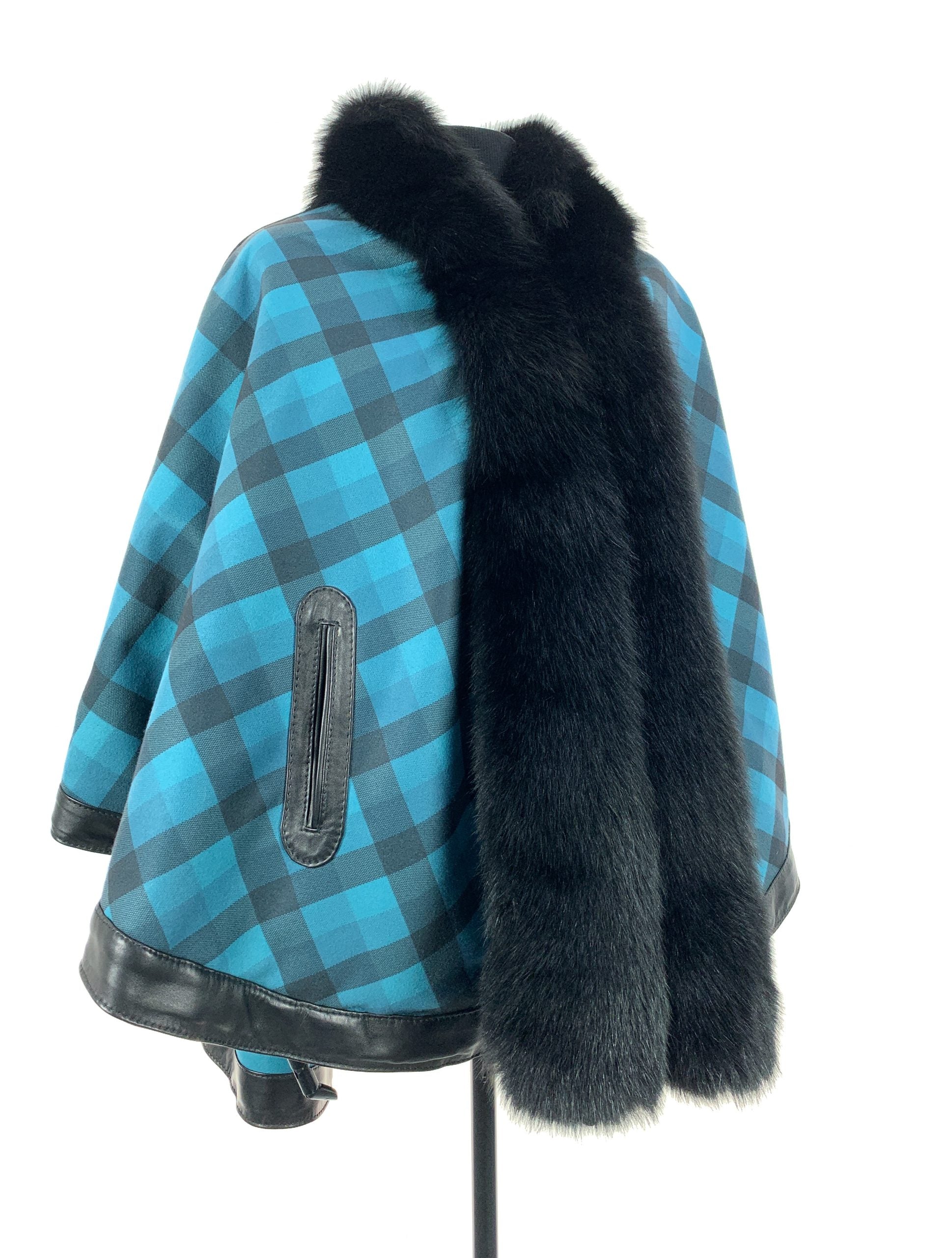 Petrol Blue Tartan Reversible Full Poncho With Black Dyed Fox Trim And Leather Trim Detail