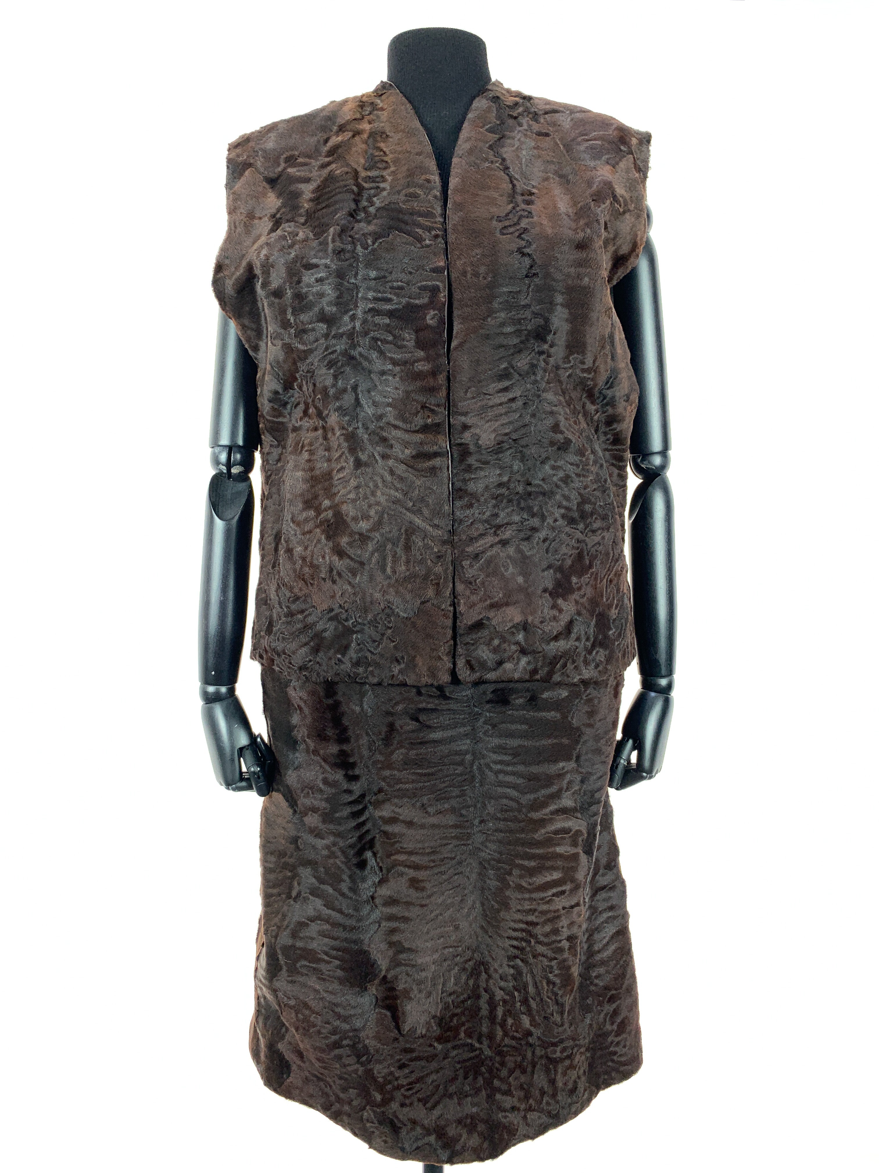 Chocolate Brown watersilk swakara gilet with matching pencil skirt and matching stetson style hat-Sue Ellen