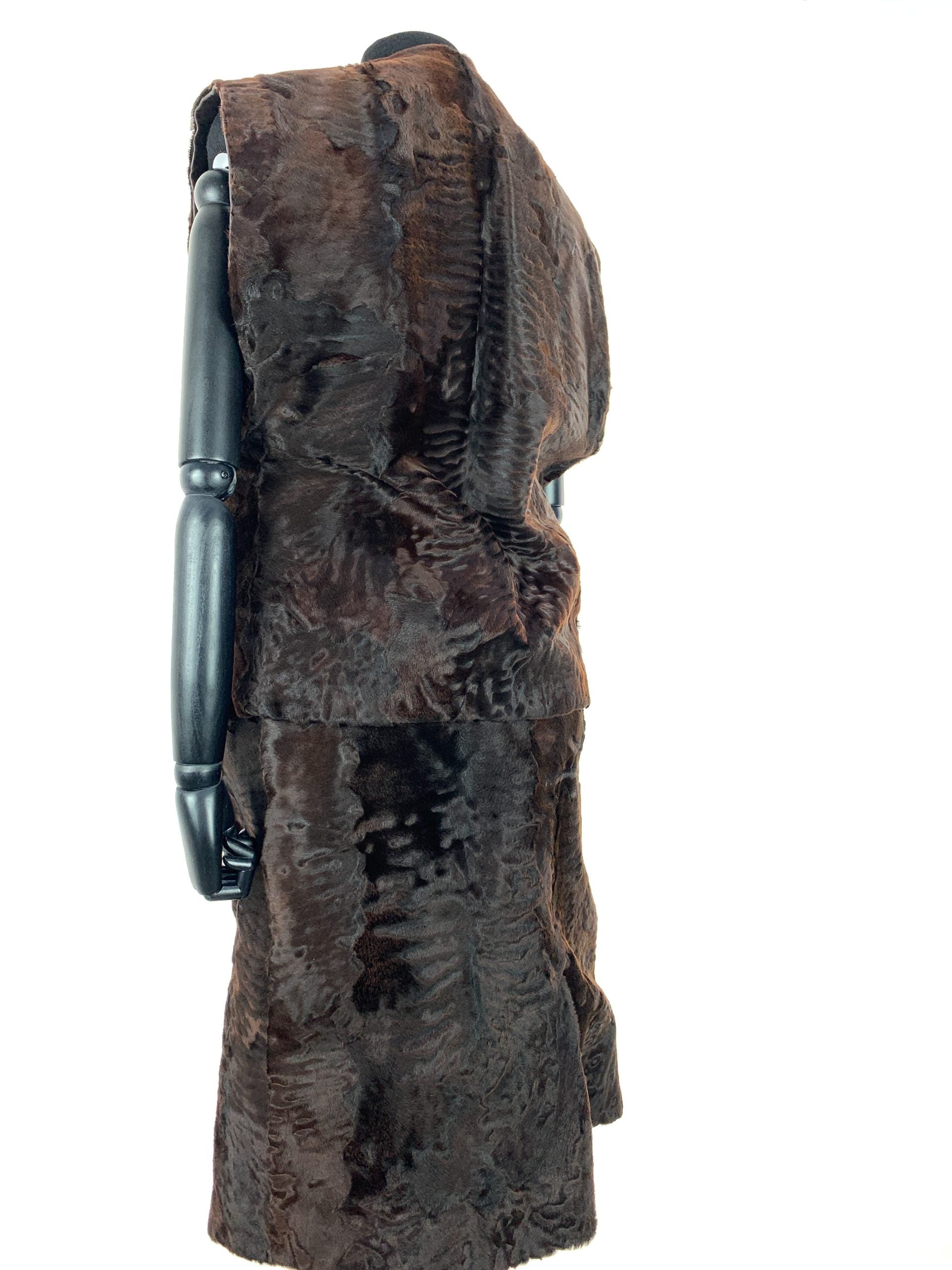 Chocolate Brown watersilk swakara gilet with matching pencil skirt and matching stetson style hat-Sue Ellen