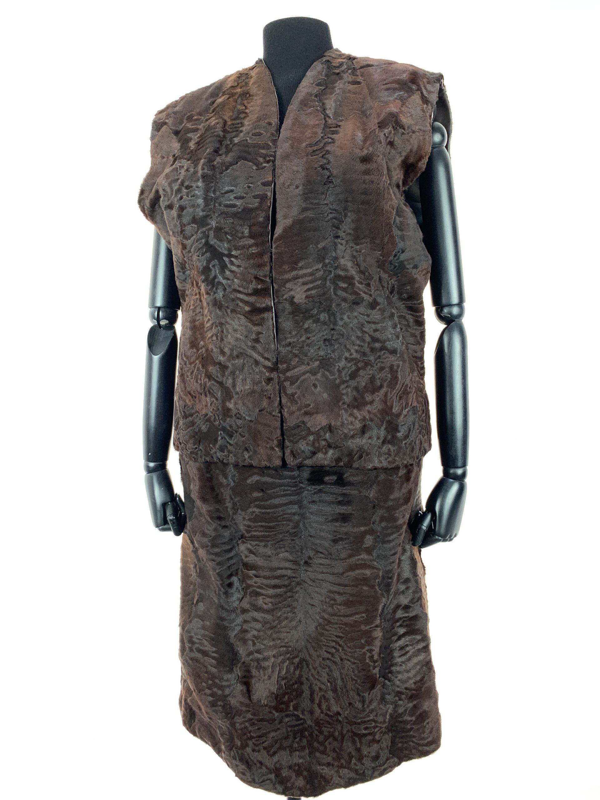 Chocolate Brown watersilk swakara gilet with matching pencil skirt and matching stetson style hat-Sue Ellen