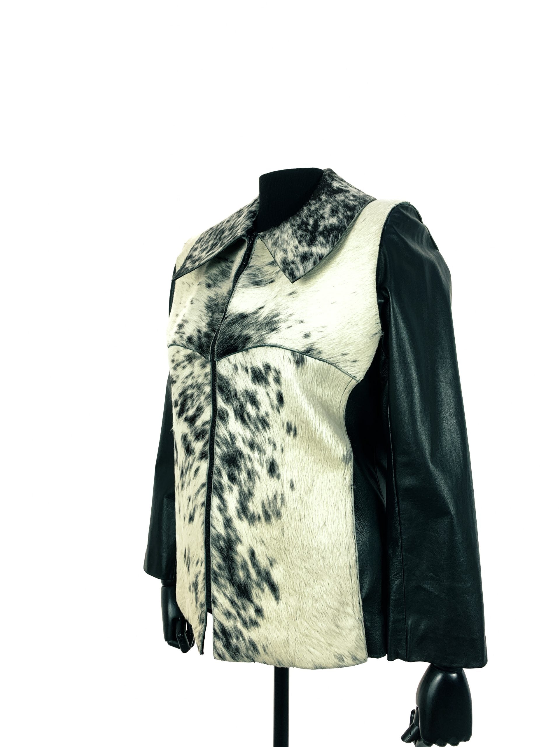 Natural White And Black Nguni Jacket With Black Nappa Leather Sleeves