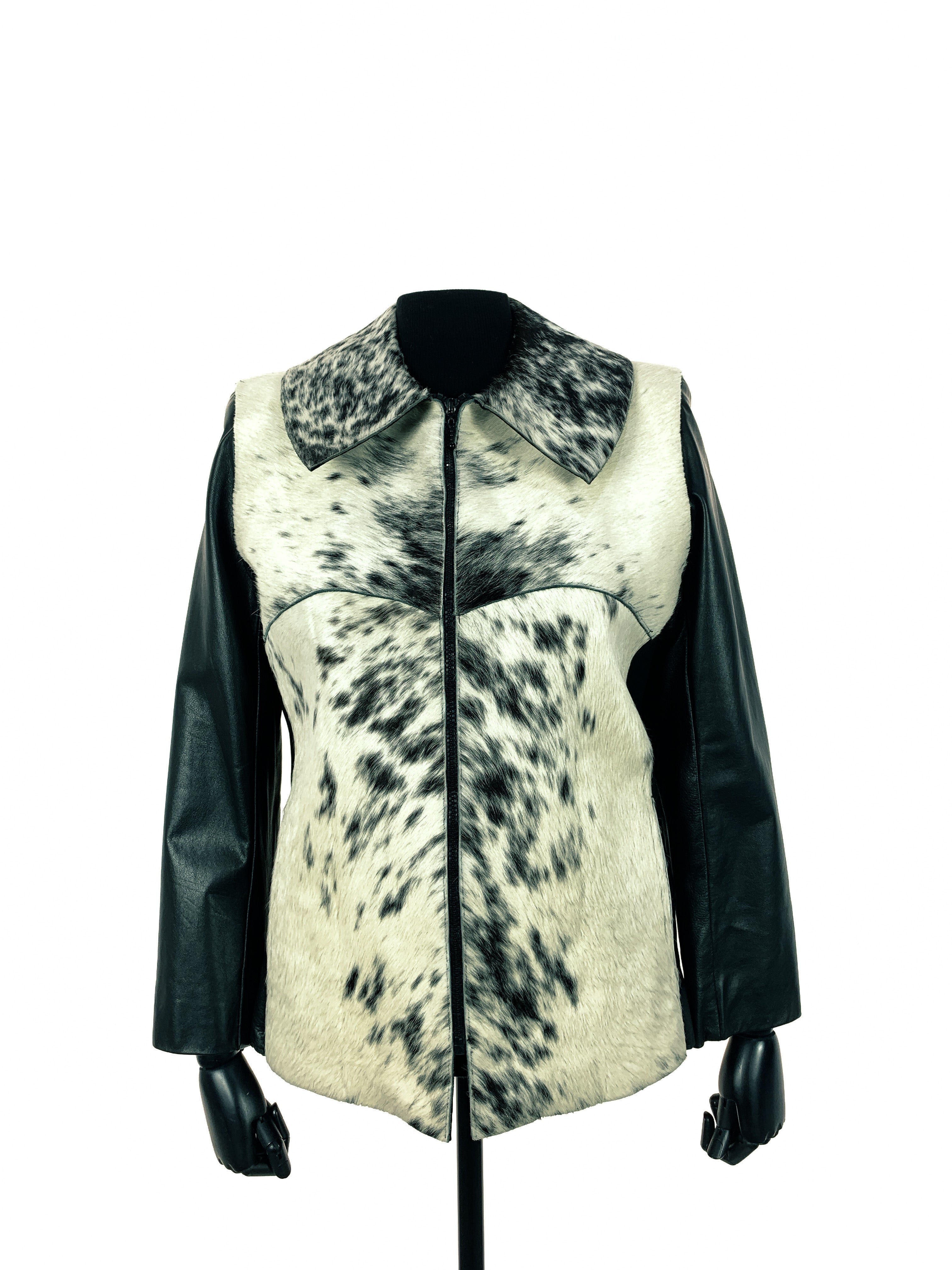 Natural White And Black Nguni Jacket With Black Nappa Leather Sleeves