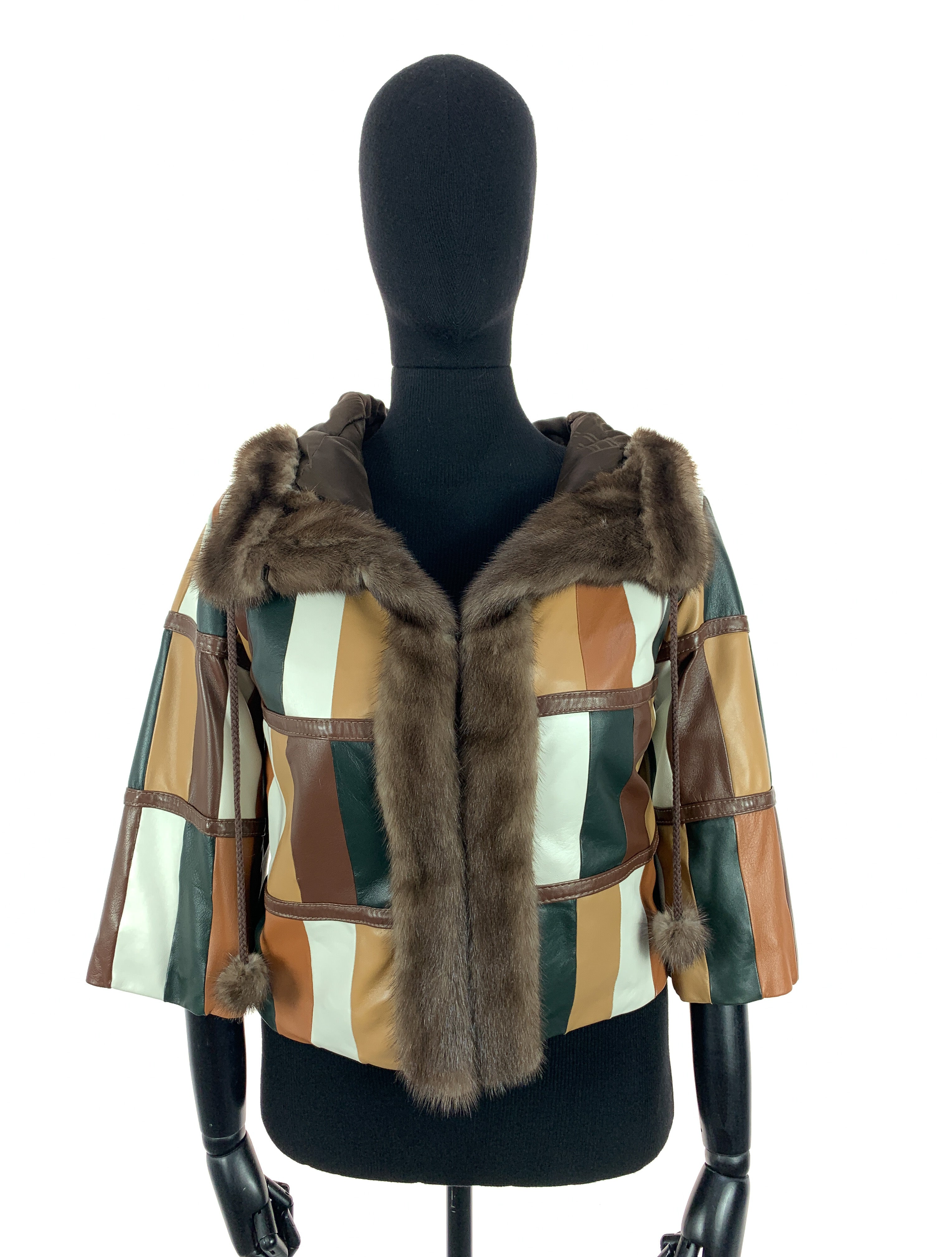 Multi Colour Patch Work Nappa Leather Hooded Jacket With Light Ranch Mink Trim