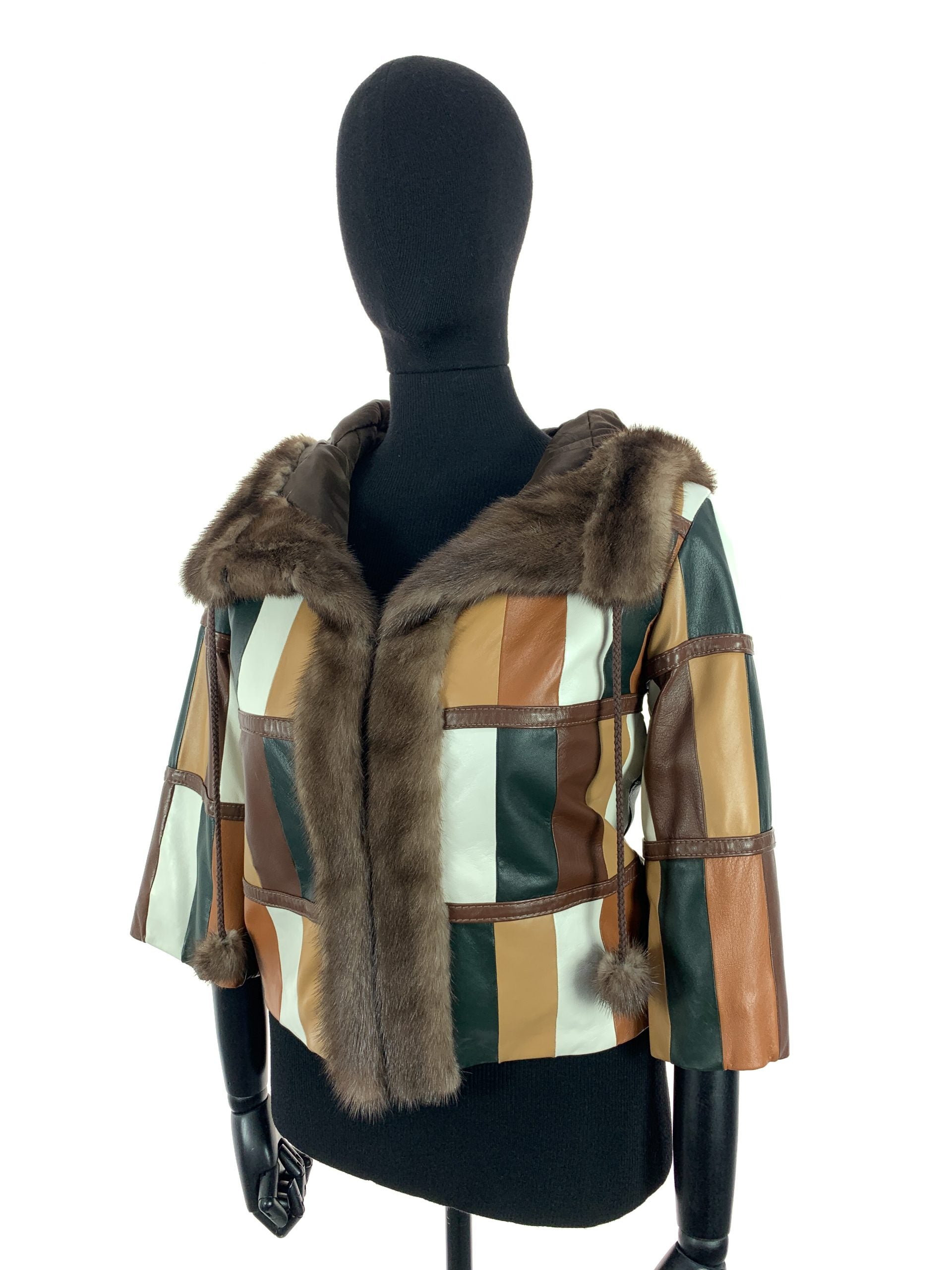 Multi Colour Patch Work Nappa Leather Hooded Jacket With Light Ranch Mink Trim